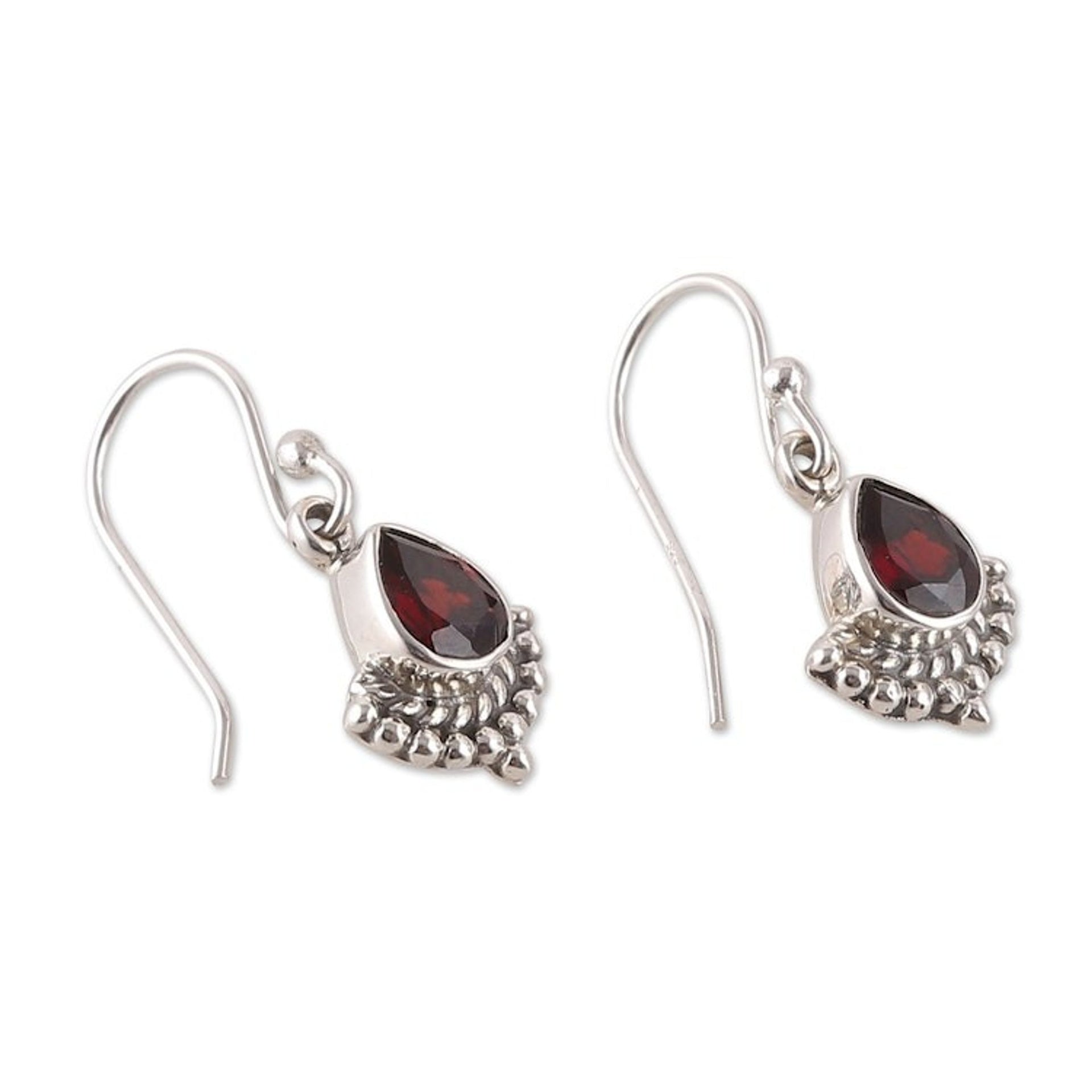 Garnet and Silver Dangle Earrings with Rope and Dot Accents 'Red Artistry'