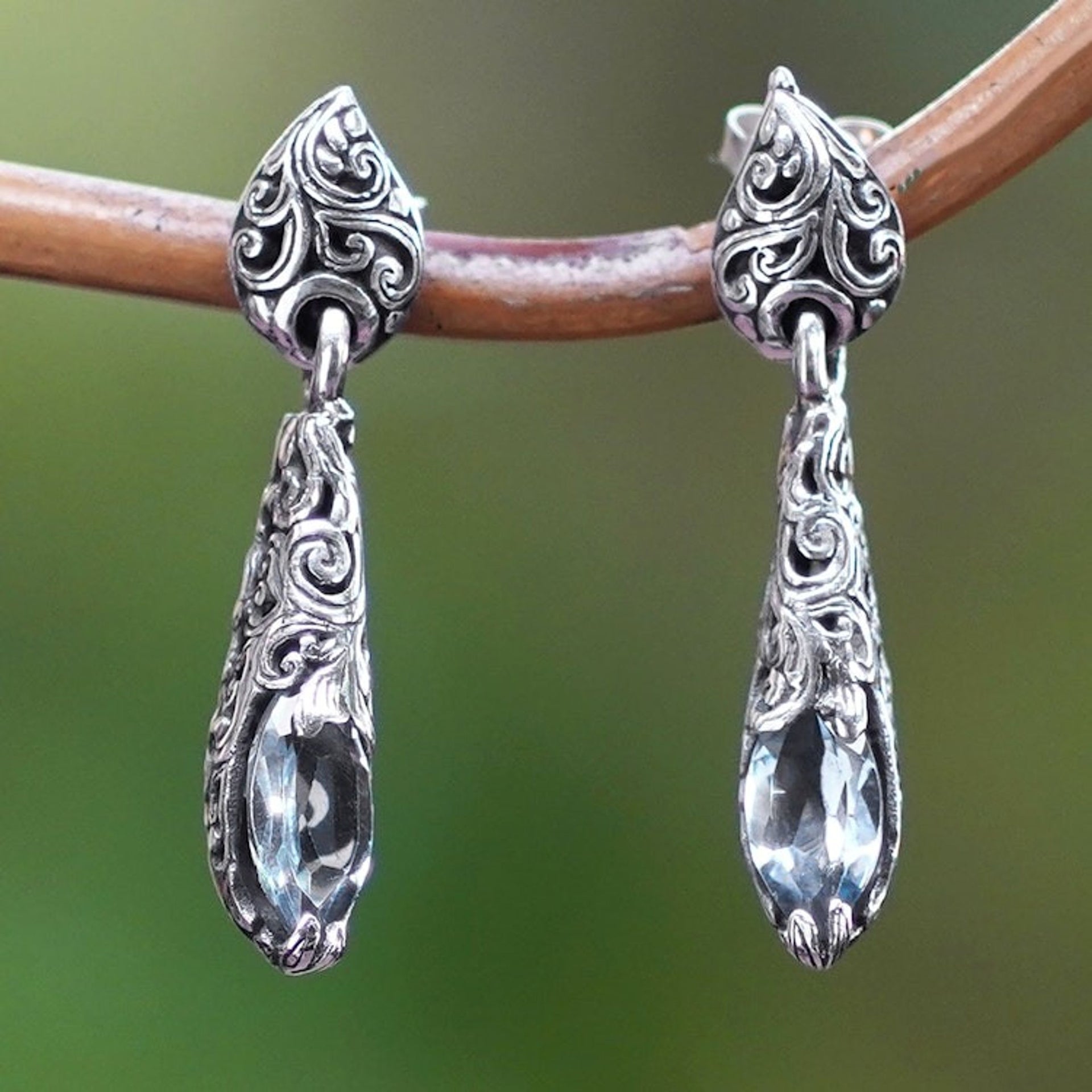Silver Dangle Earrings from Bali with Blue Topaz Stones 'Forest Nest'