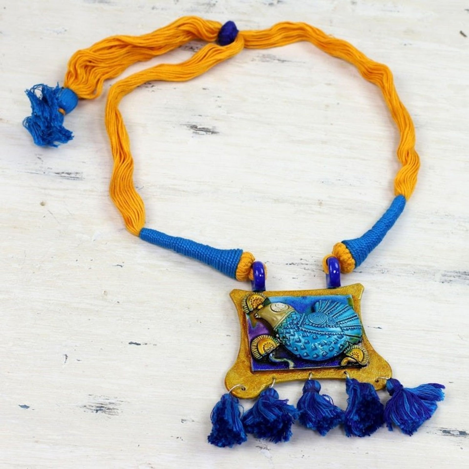 Ceramic and Cotton Bird Pendant Necklace in Blue from India 'Majestic Kingfisher'