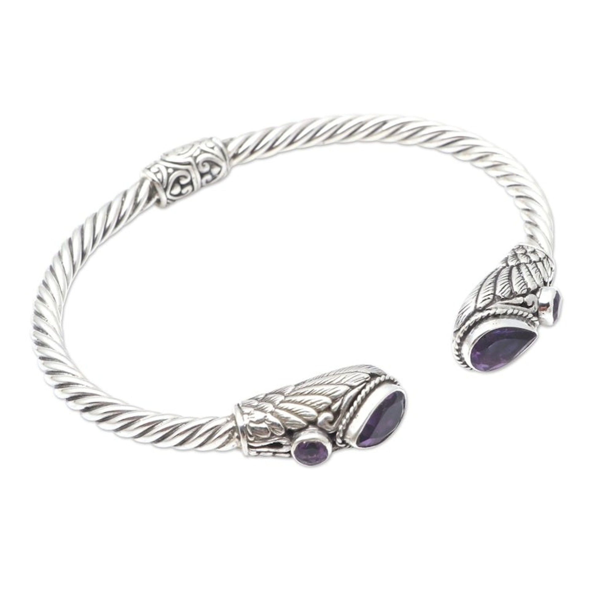 Handmade Amethyst and Sterling Silver Cuff Bracelet 'Royal Wings'