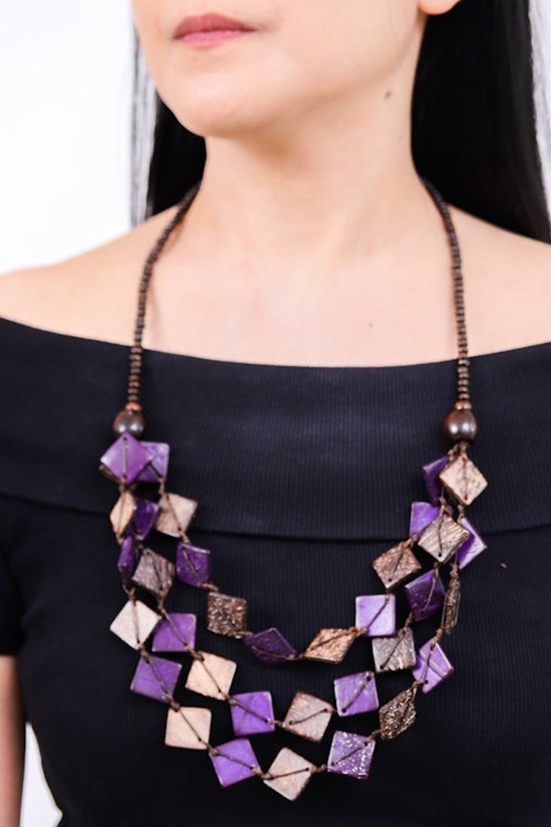 Purple Wood and Coconut Shell Beaded Strand Necklace 'Enchanted Diamonds'