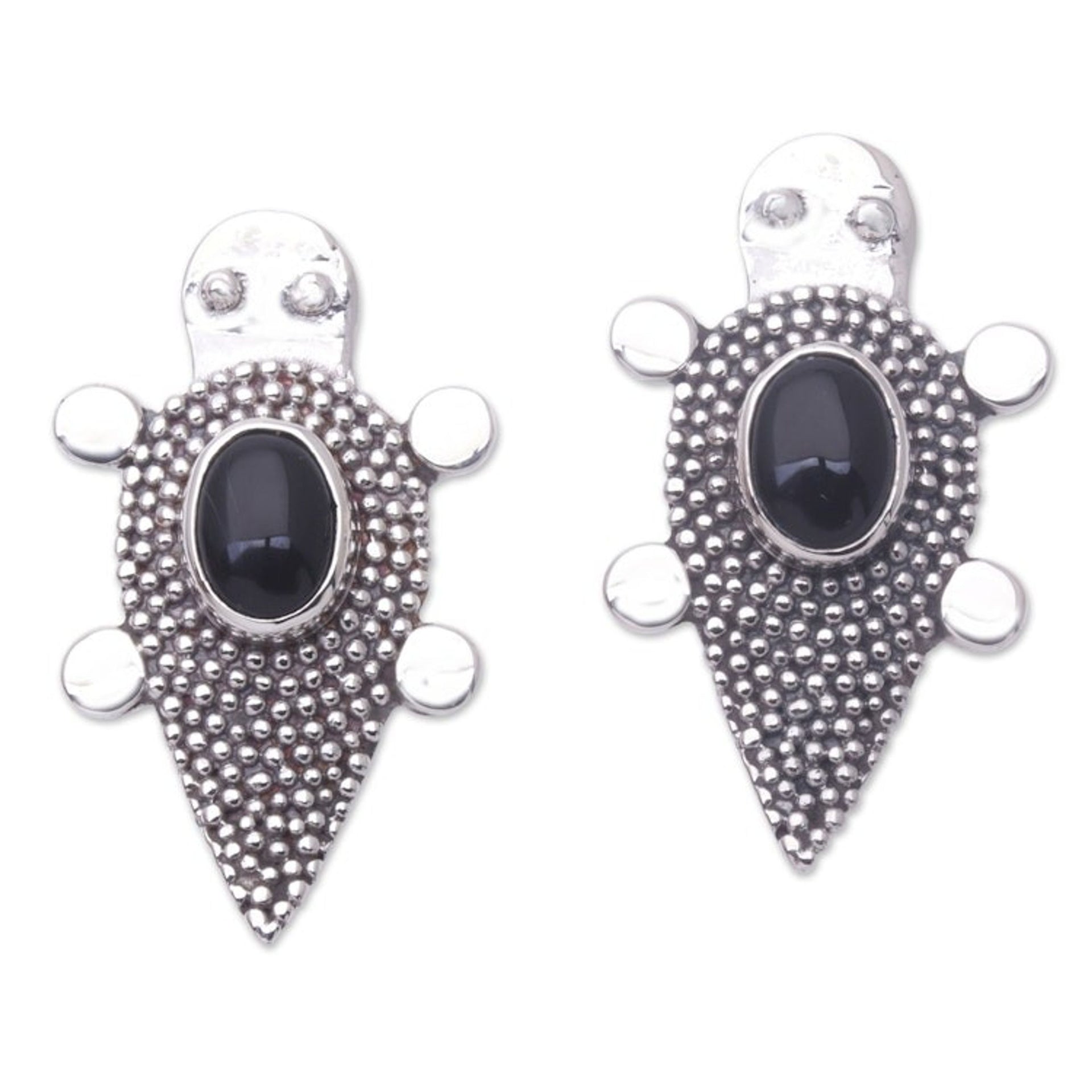 Sterling Silver Onyx Tortoise Button Earrings 'Heaven's Black Tortoise'