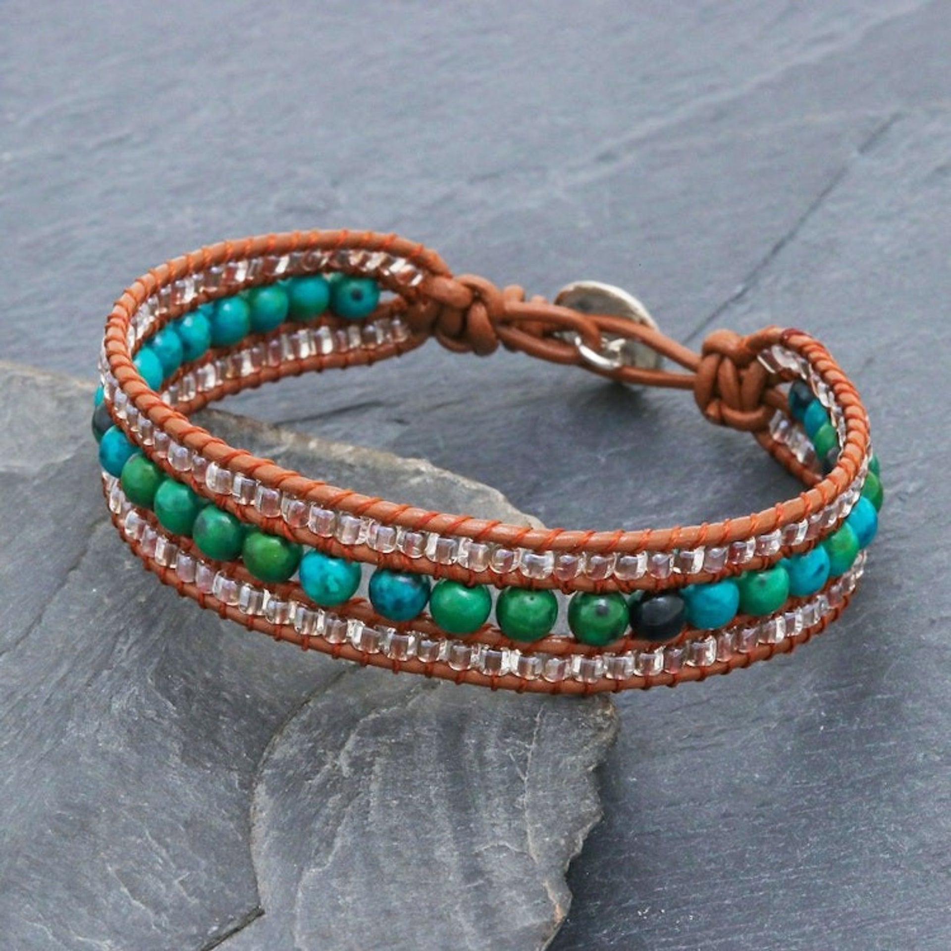 Leather Bracelet with Serpentine and Glass Beads 'Sidetracked'