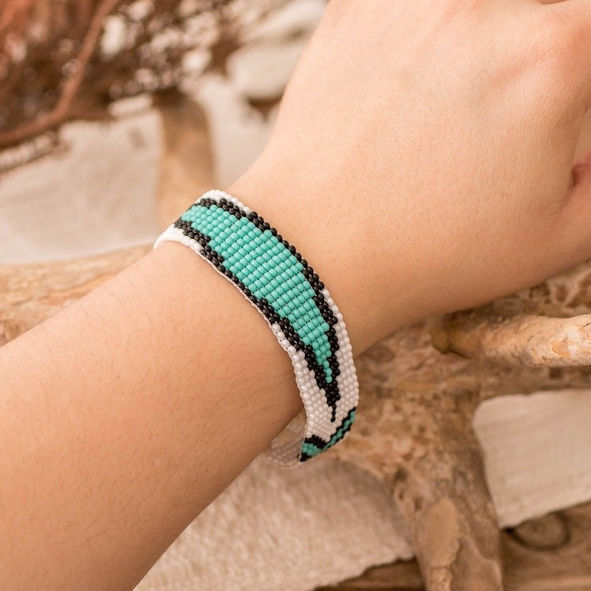 Fair Trade Mint and White Glass Beaded Wristband Bracelet 'Vital Harmony'