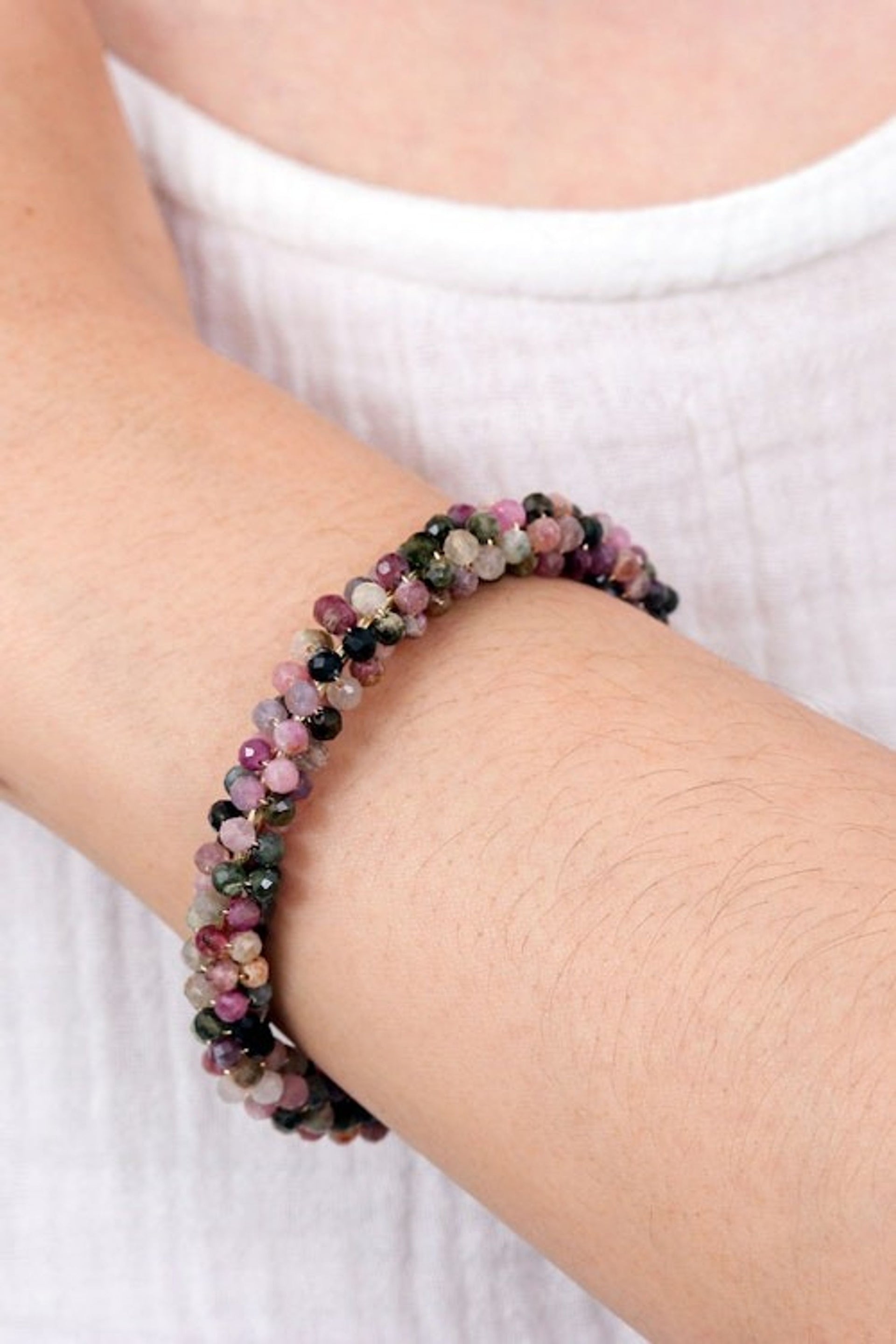 Tourmaline Brass and Copper Wire Beaded Cuff Bracelet 'Splendid Beauty'