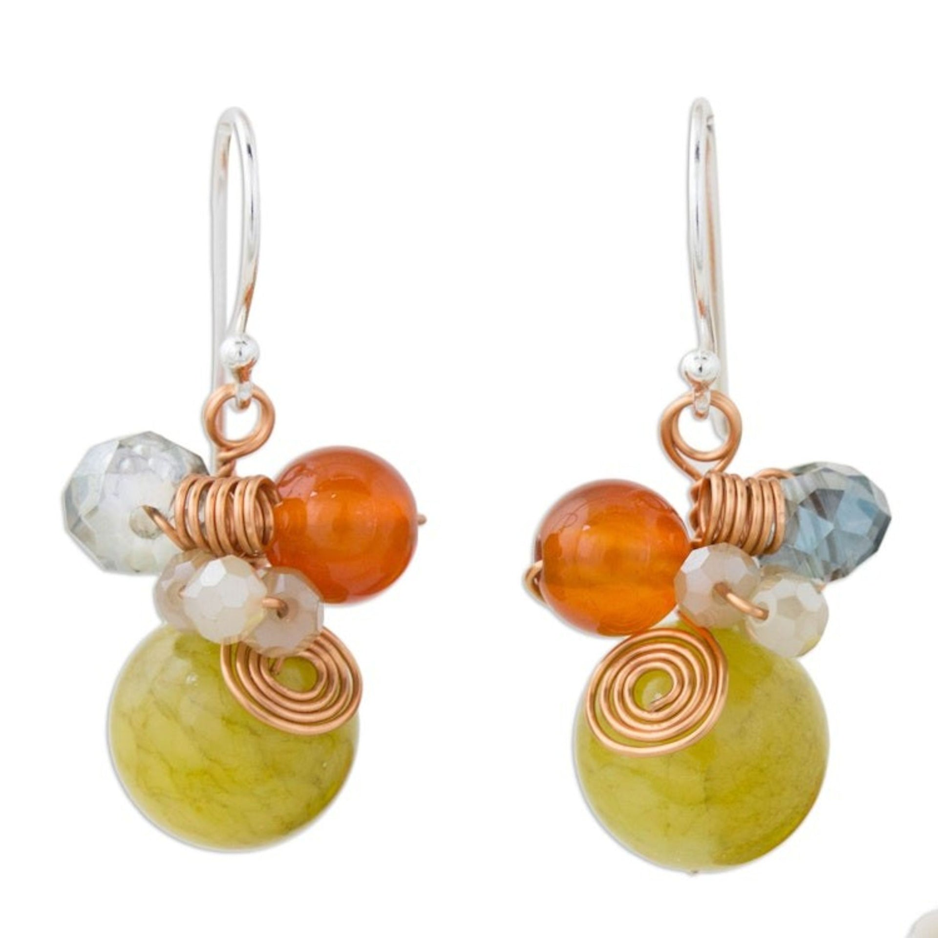 Green Quartz and Carnelian Dangle Earrings with Copper 'Citron Bubbles'