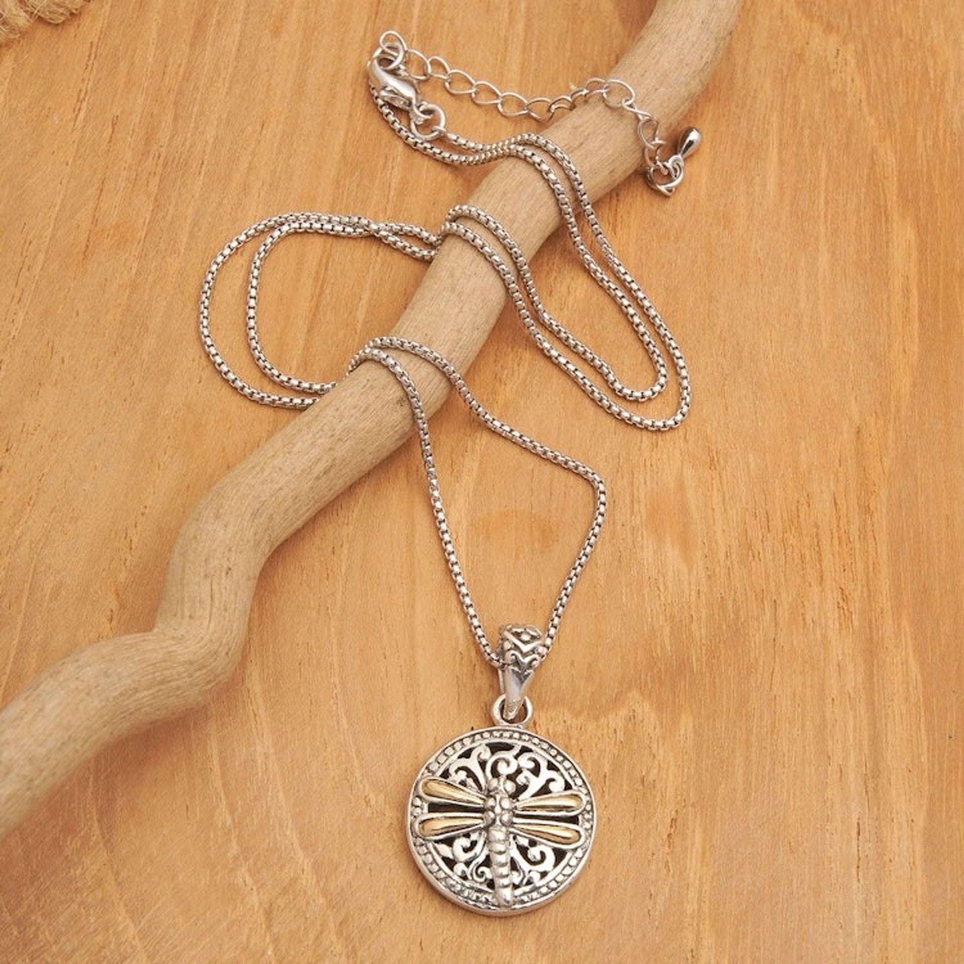 18k Gold-Accented Round Dragonfly Pendant Necklace from Bali 'Dragonfly Eden'