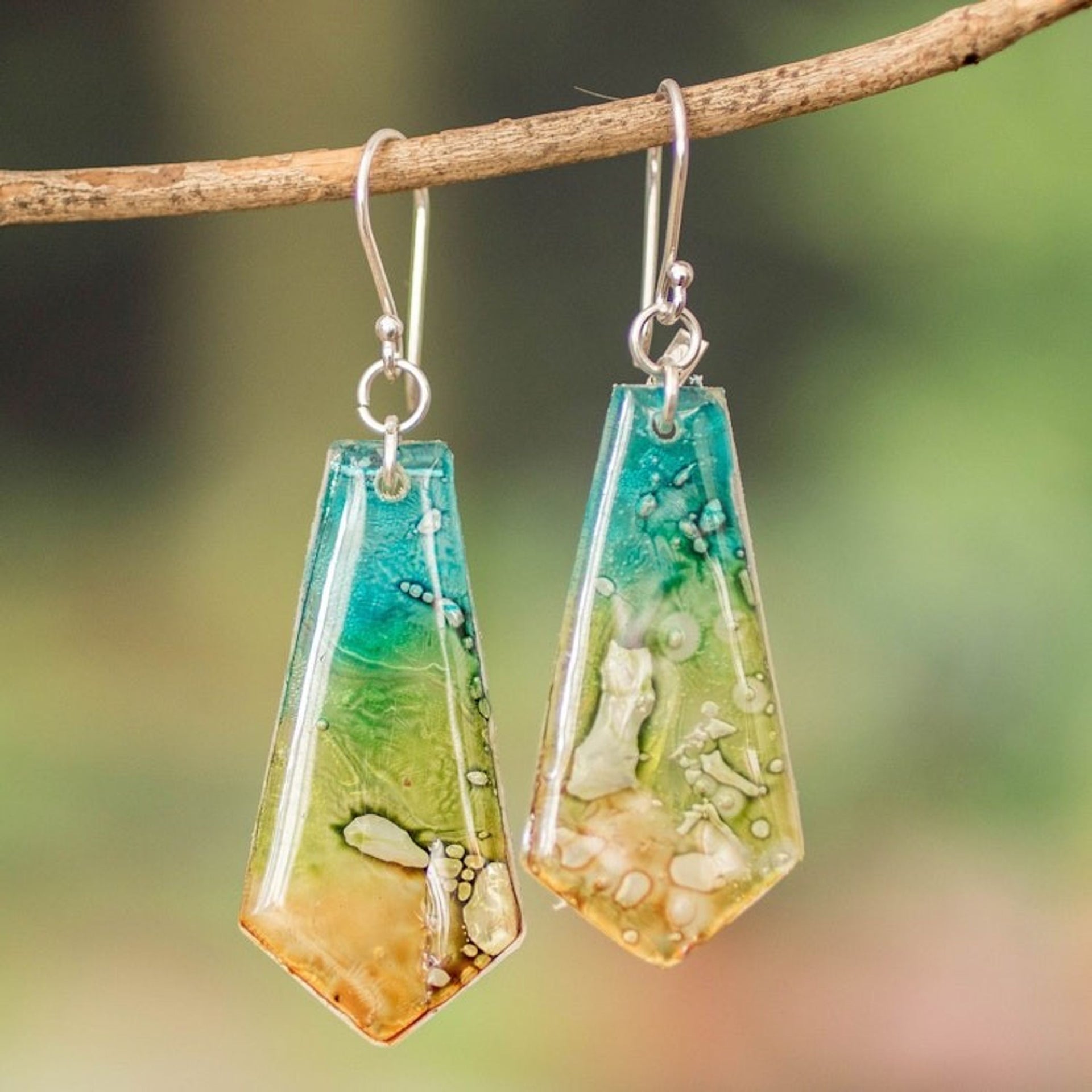 Handmade Recycled CD Dangle Earrings from Guatemala 'Vibrant Ocean'