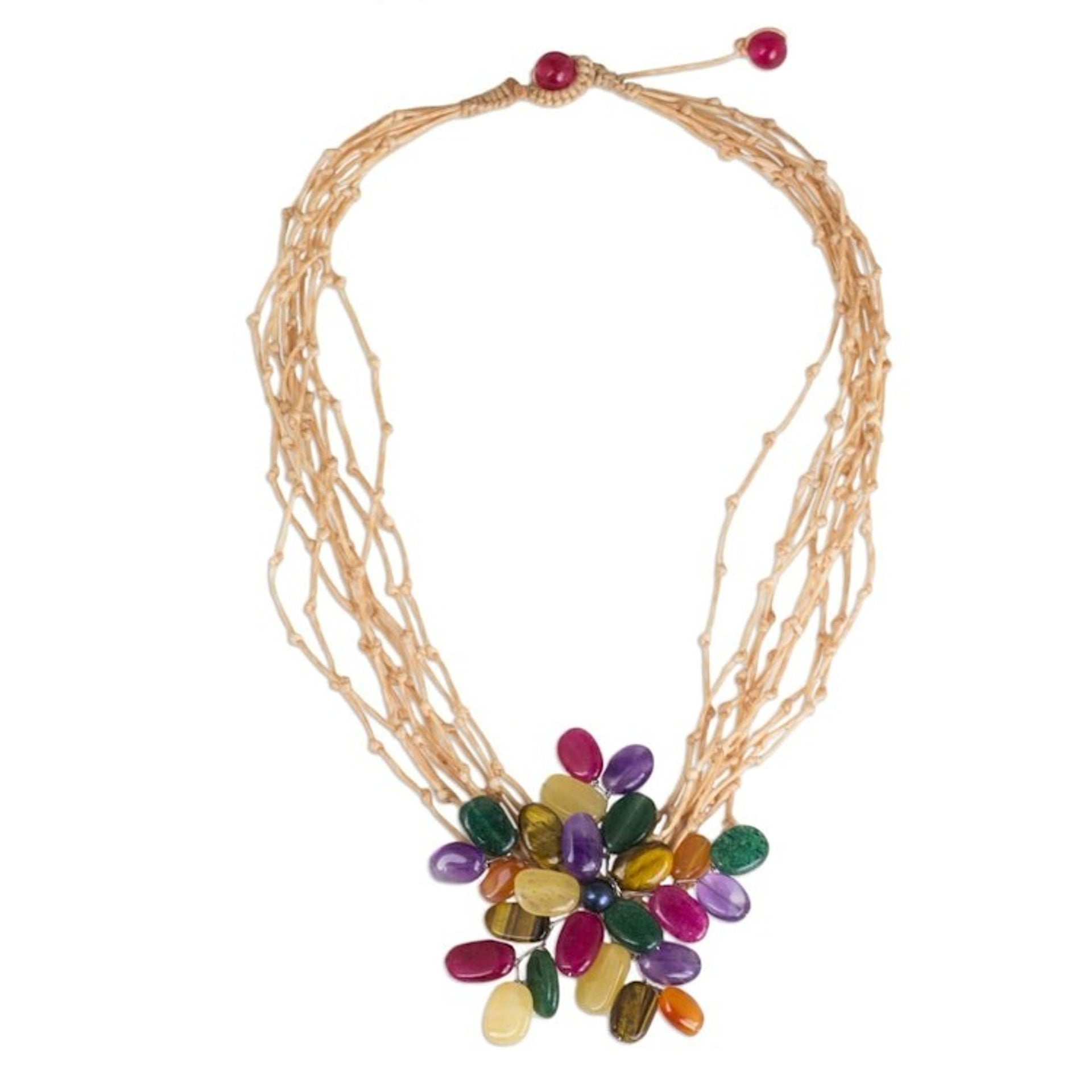 Colorful Flower Pendant Necklace on Waxed Beige Cords 'Twigs and Flowers'