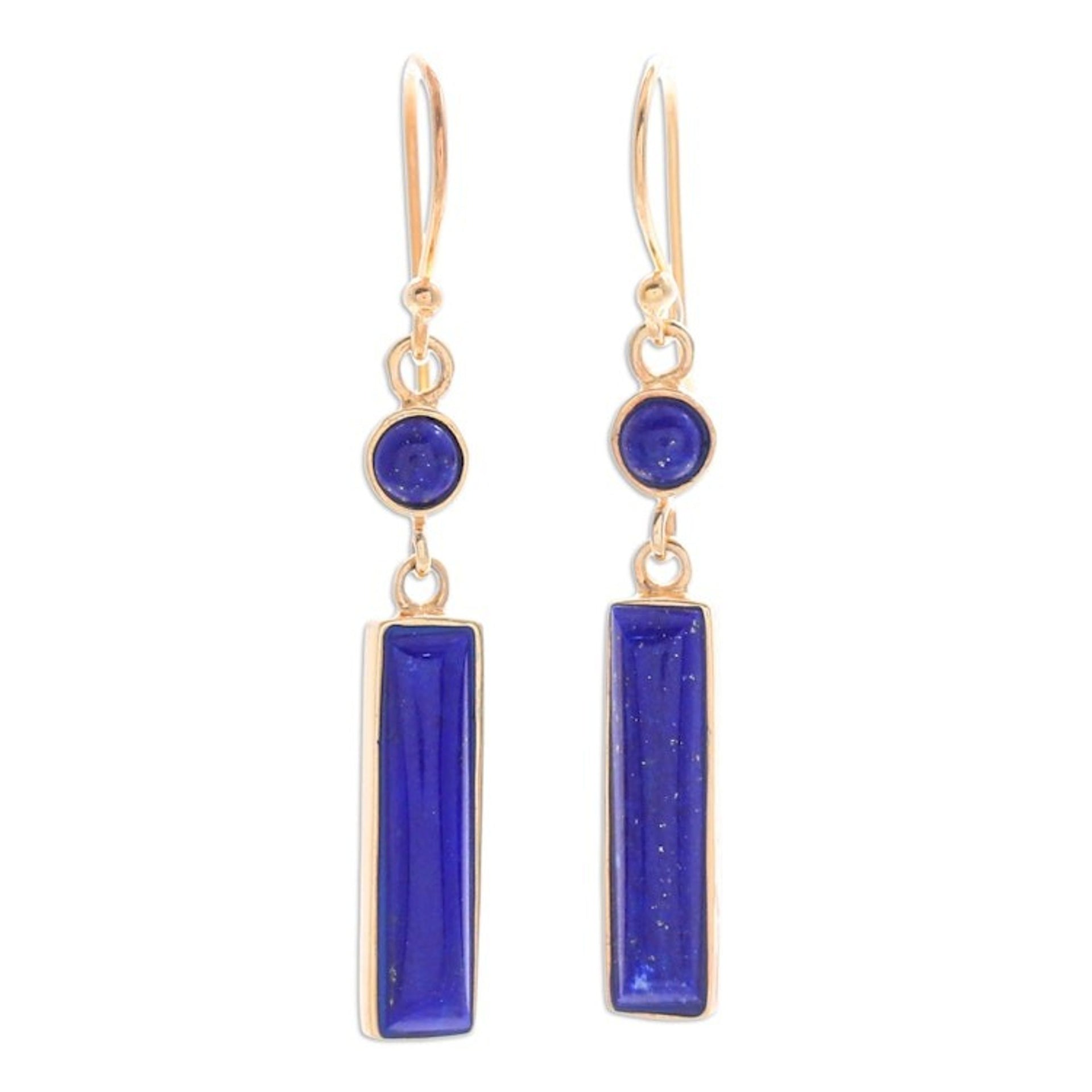 Modern 18k Gold-Plated Lapis Lazuli Bar Dangle Earrings 'Vivid Magic'