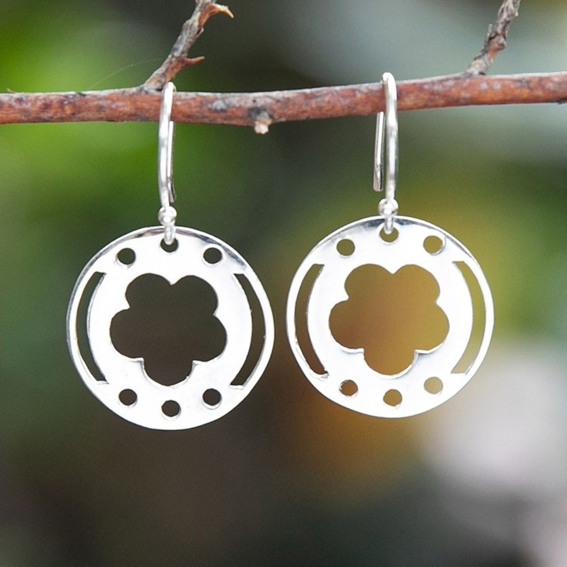 Floral Polished Round Sterling Silver Dangle Earrings 'Blooming Fantasy'
