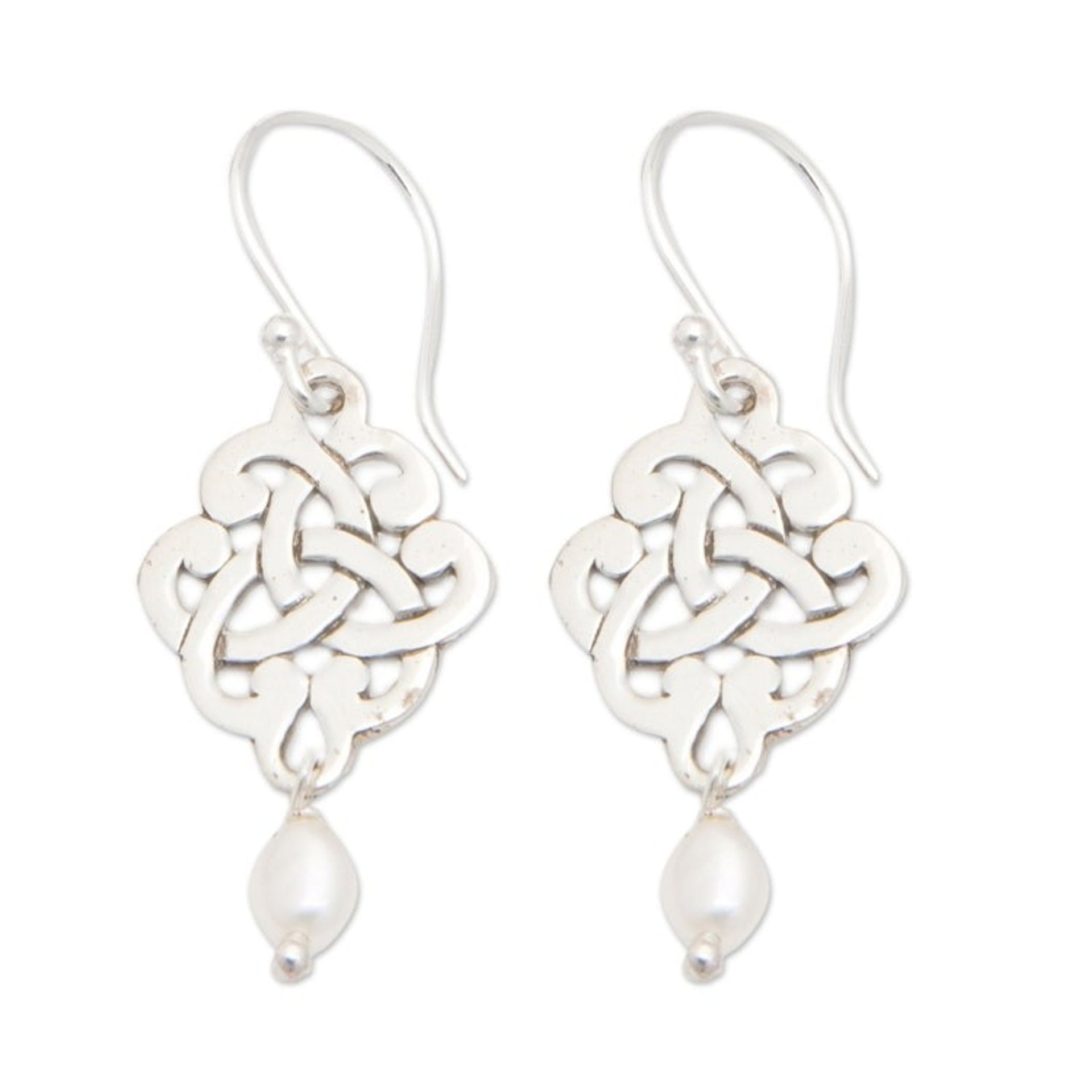 Sterling Silver Trinity Knot Dangle Earrings with Pearls 'Bridal Trinity Knot'