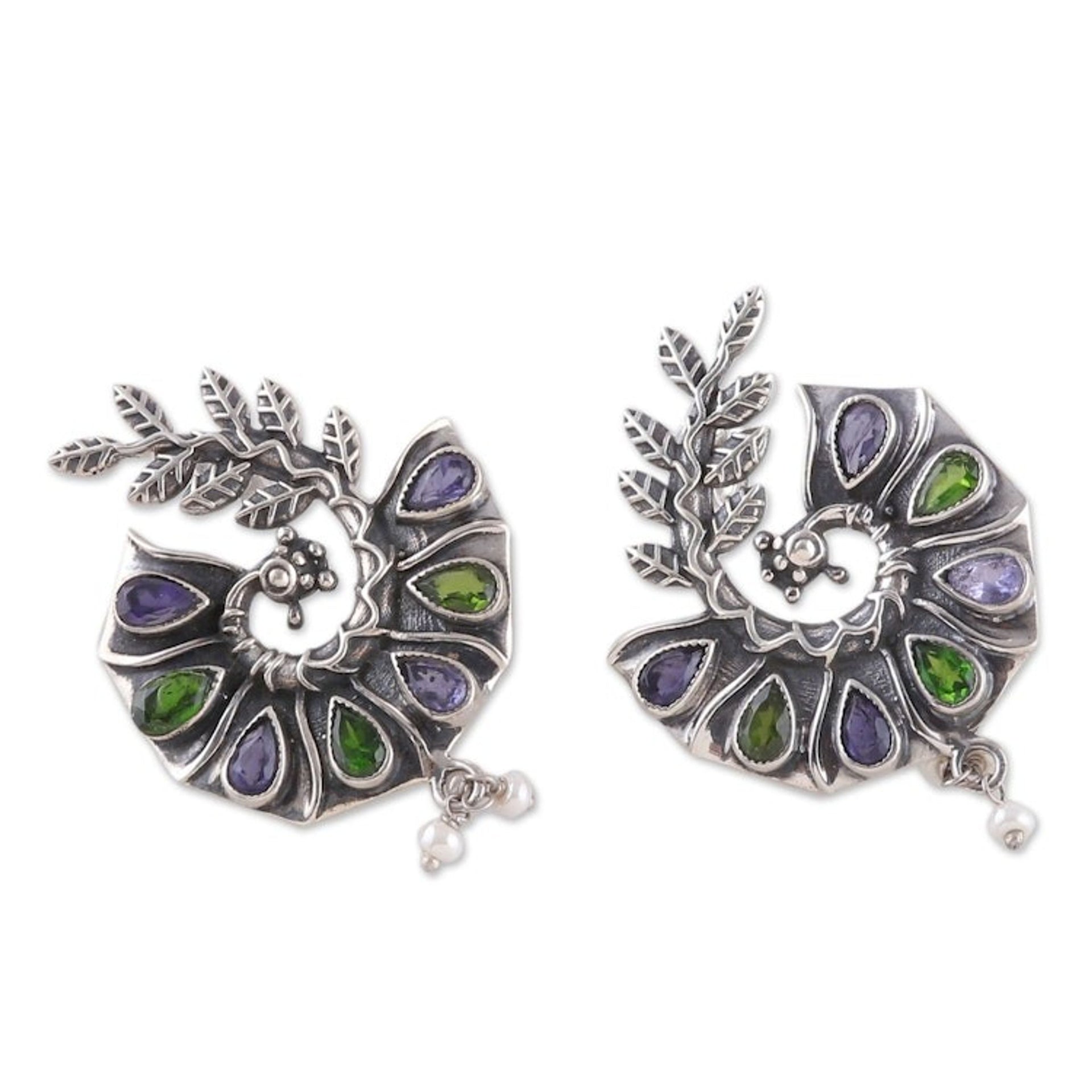 Peacock-Shaped Two-Carat Multi-Gemstone Dangle Earrings 'Peacock of Jewels'