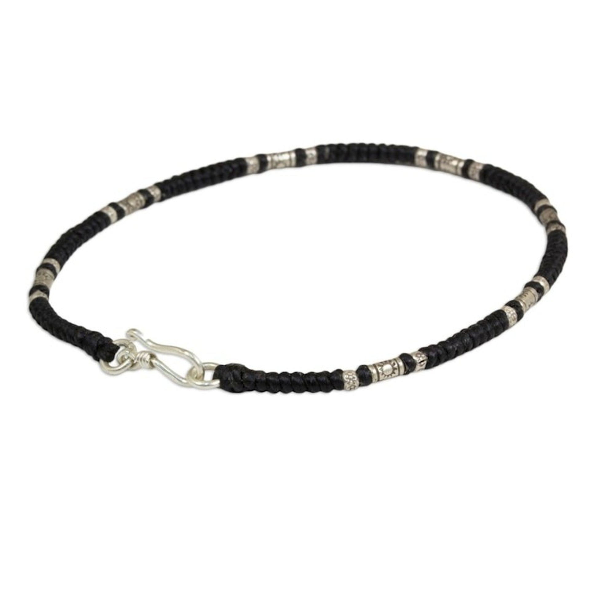 Artisan Crafted Black Anklet with Karen Hill Tribe Silver 'Wandering Black'