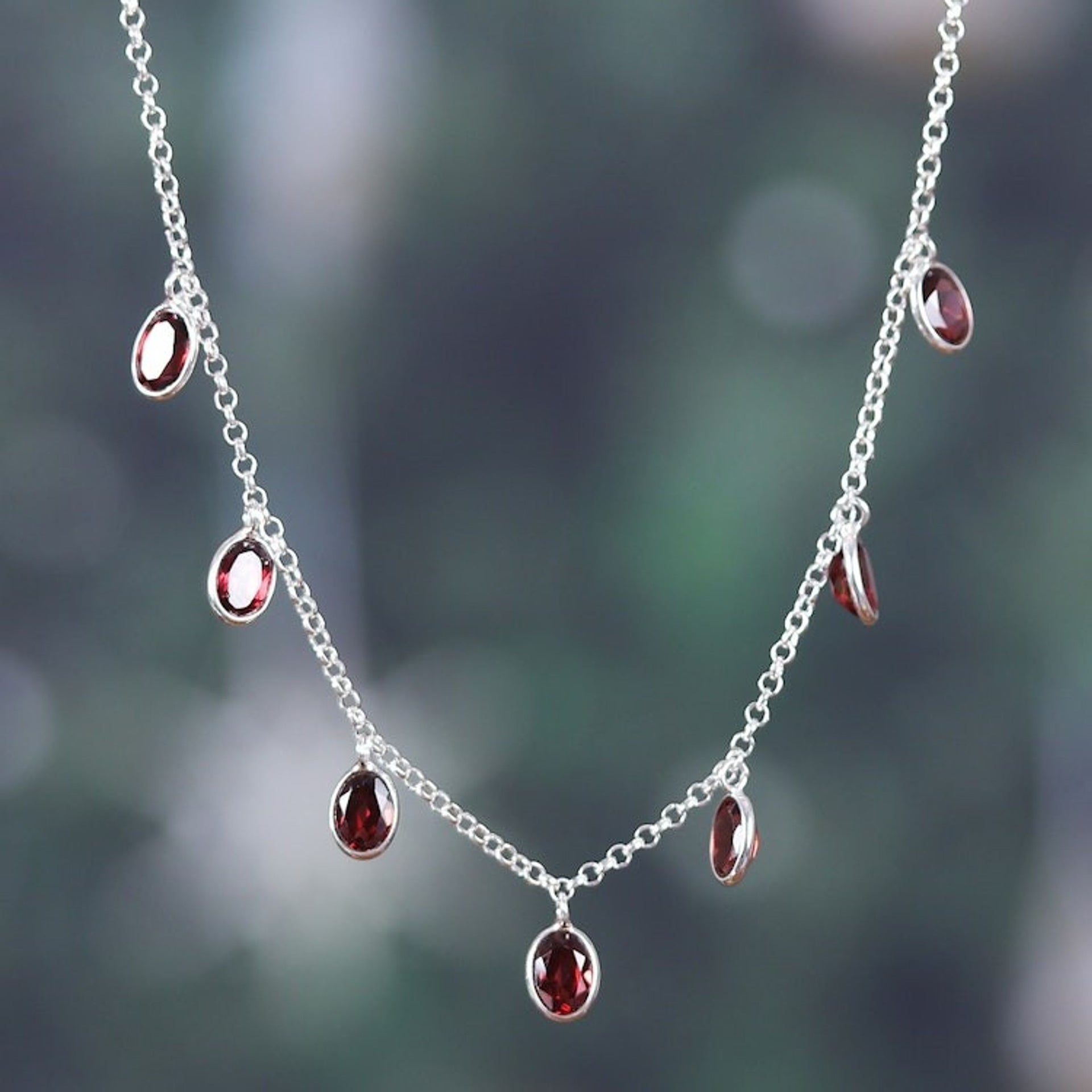 Sterling Silver Charm Necklace with 7-Carat Garnet Jewels 'Dancing Devotion'