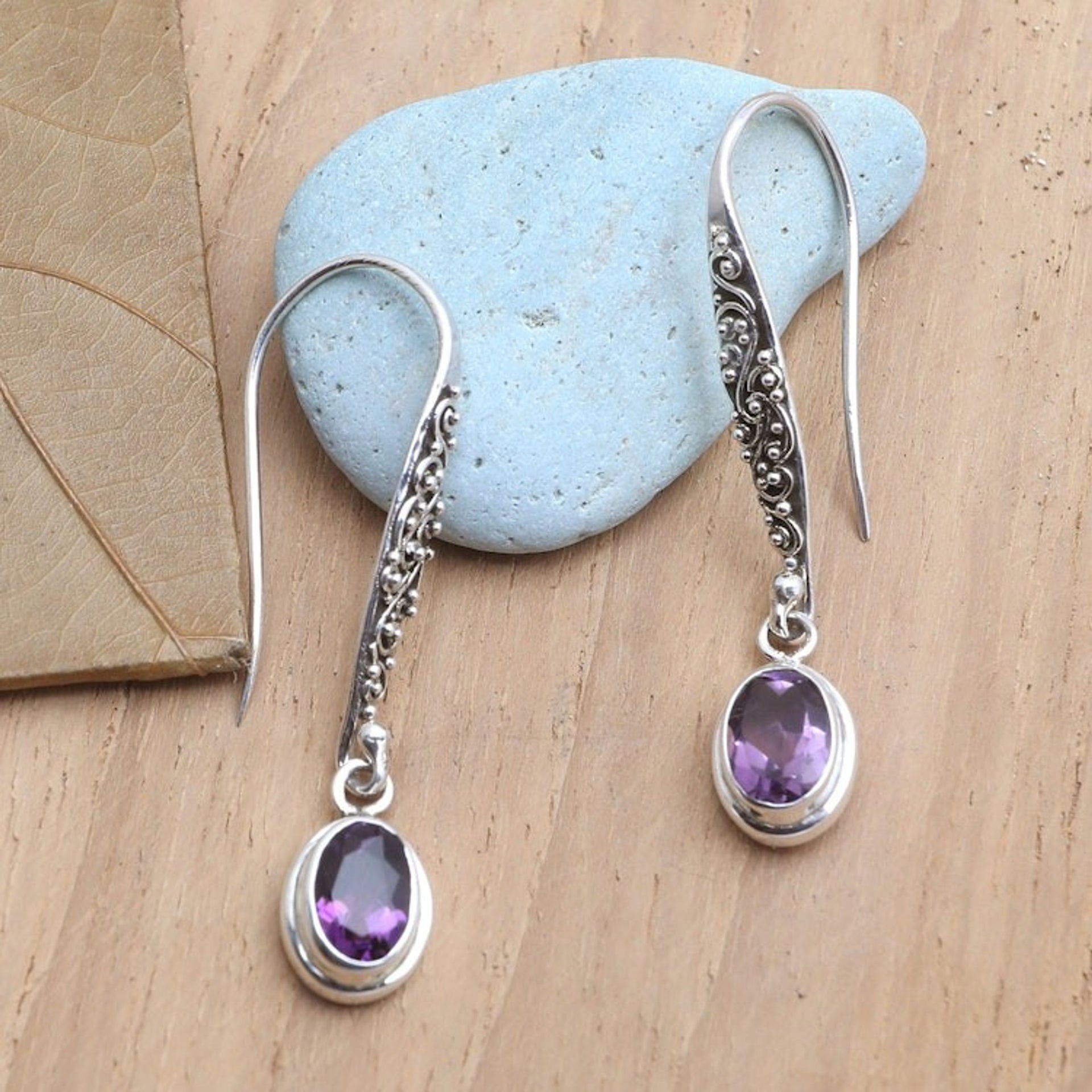 Sterling Silver and Amethyst Dangle Earrings Crafted in Bali 'Heaven's Treasure in Purple'