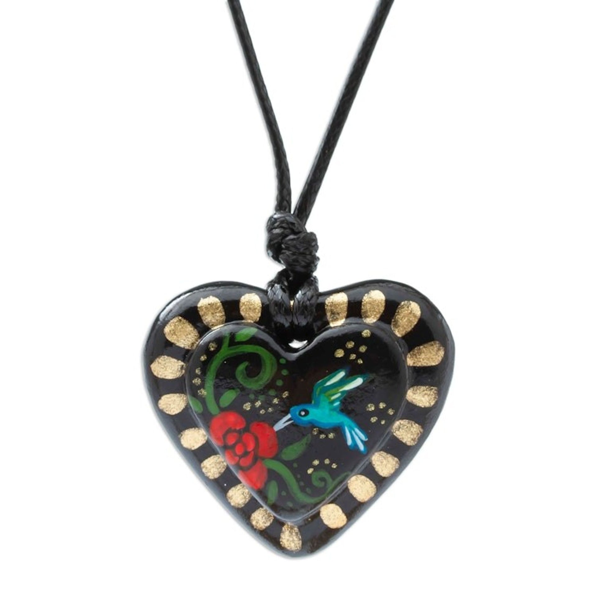Hand Painted Heart Shaped Hummingbird Pendant Necklace 'Golden Night Hummingbird'