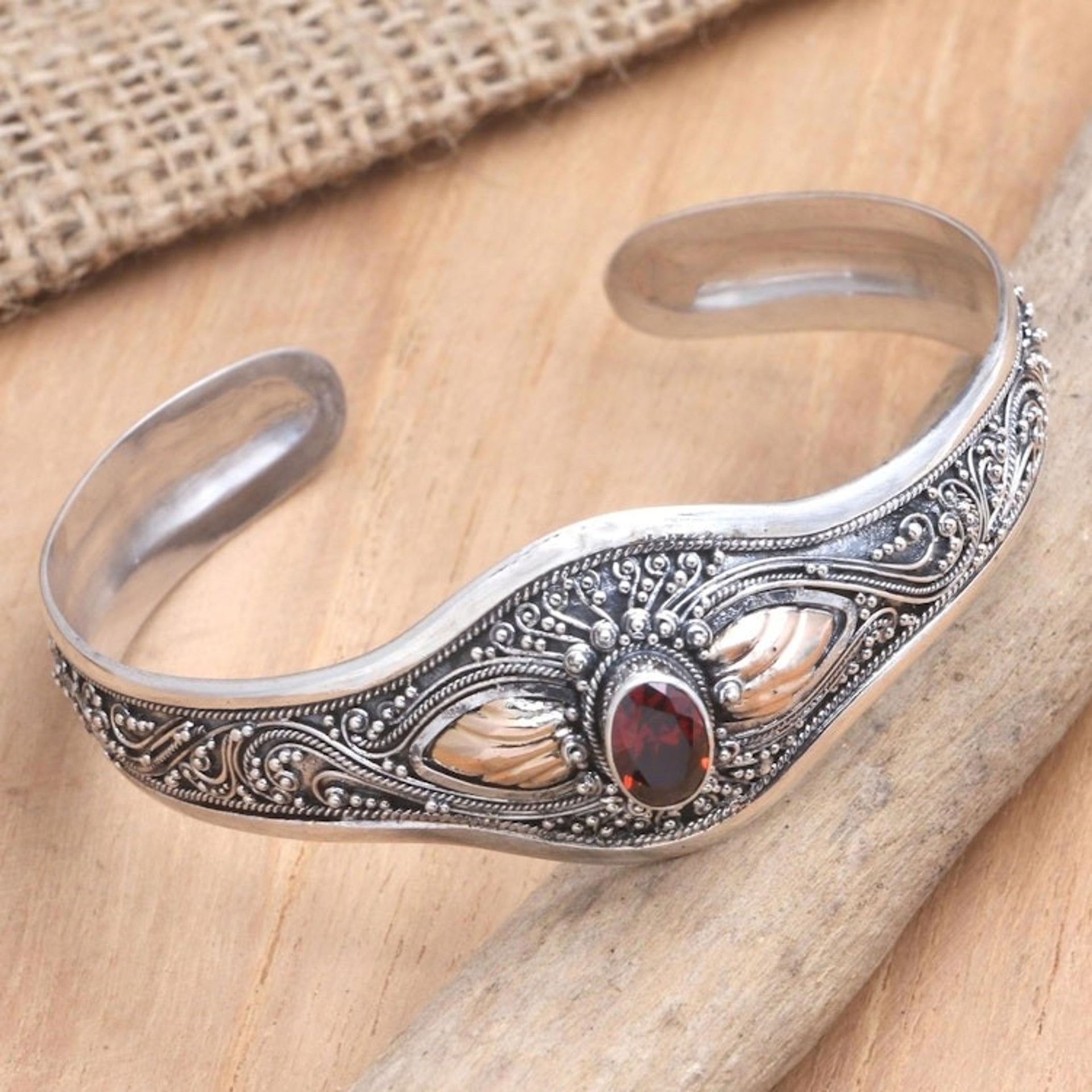 Gold-Accented Garnet Cuff Bracelet 'Fly Over'