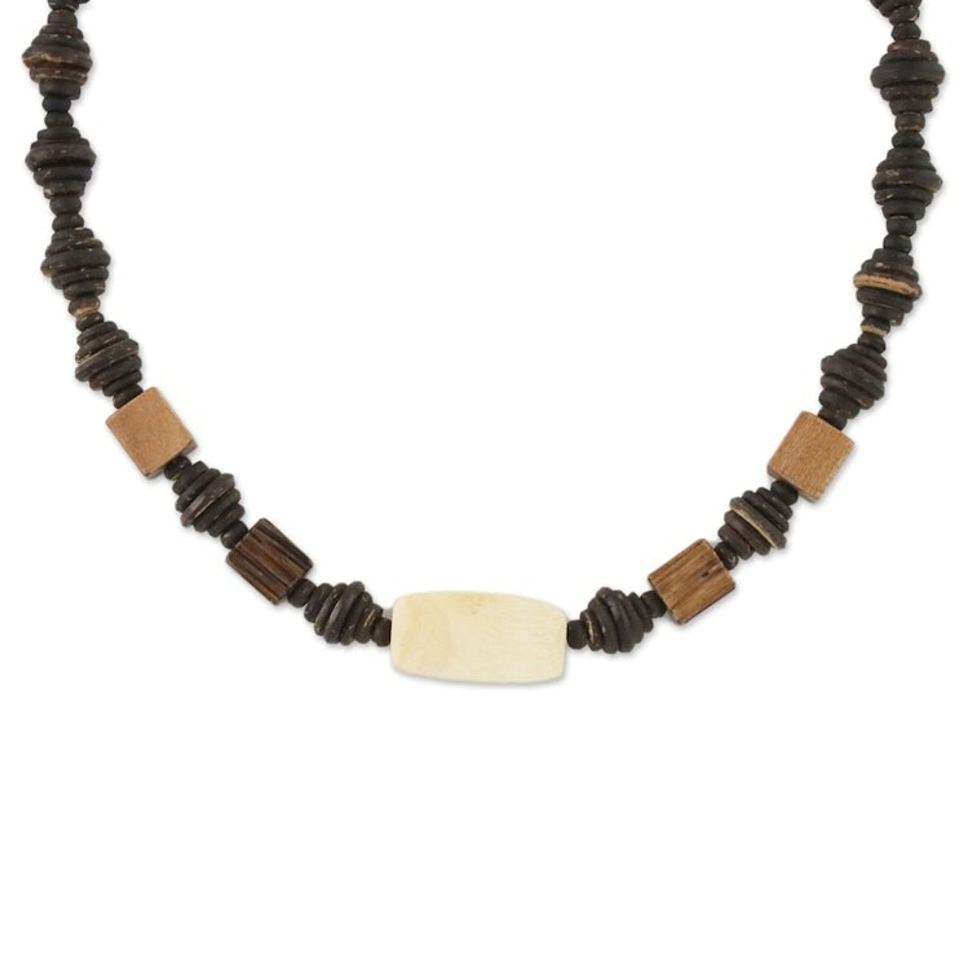 Wood and Coconut Shell Beaded Necklace from Thailand 'Thai Woodland'