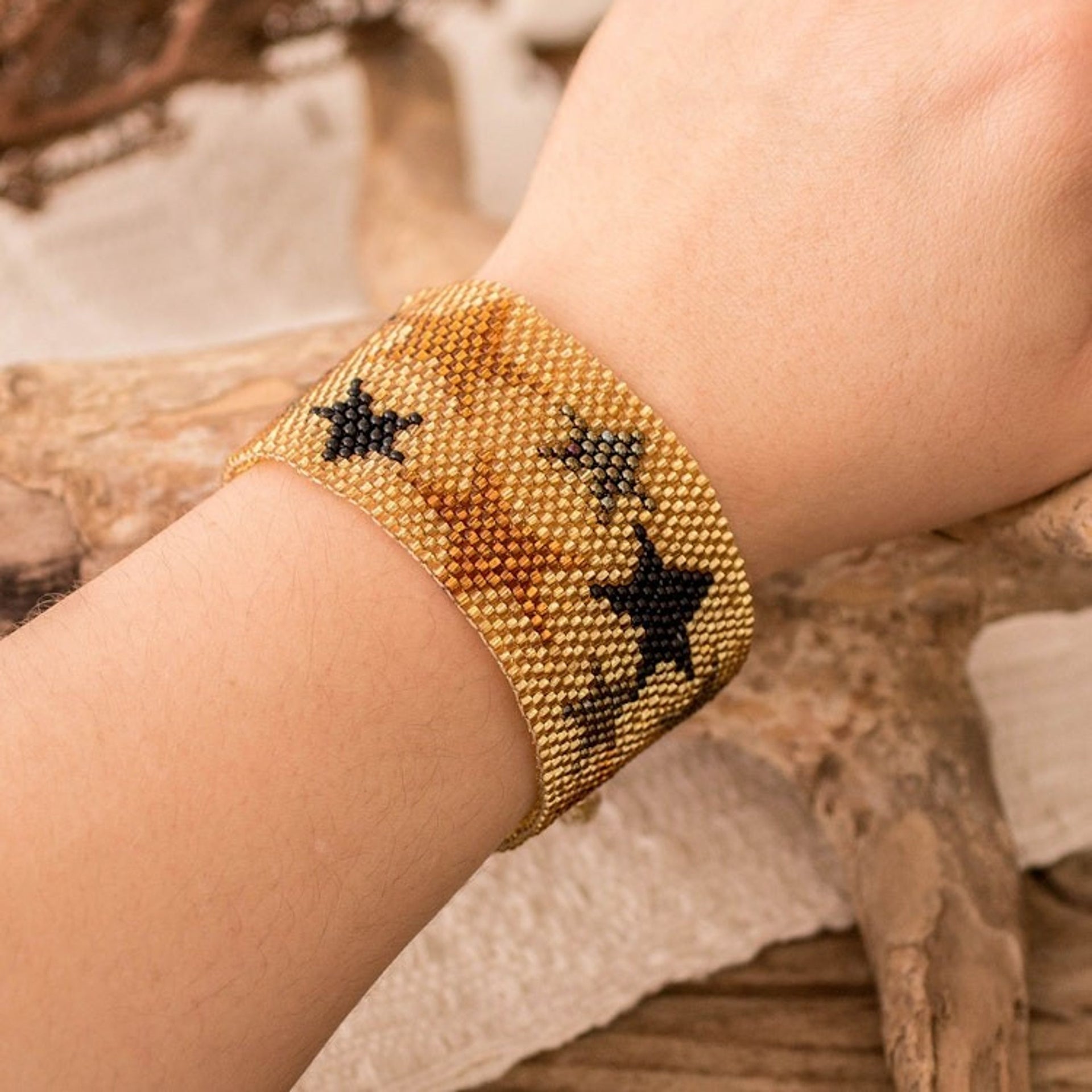 Golden Glass Beaded Star Wristband Bracelet from Guatemala 'Constellation in Golden'