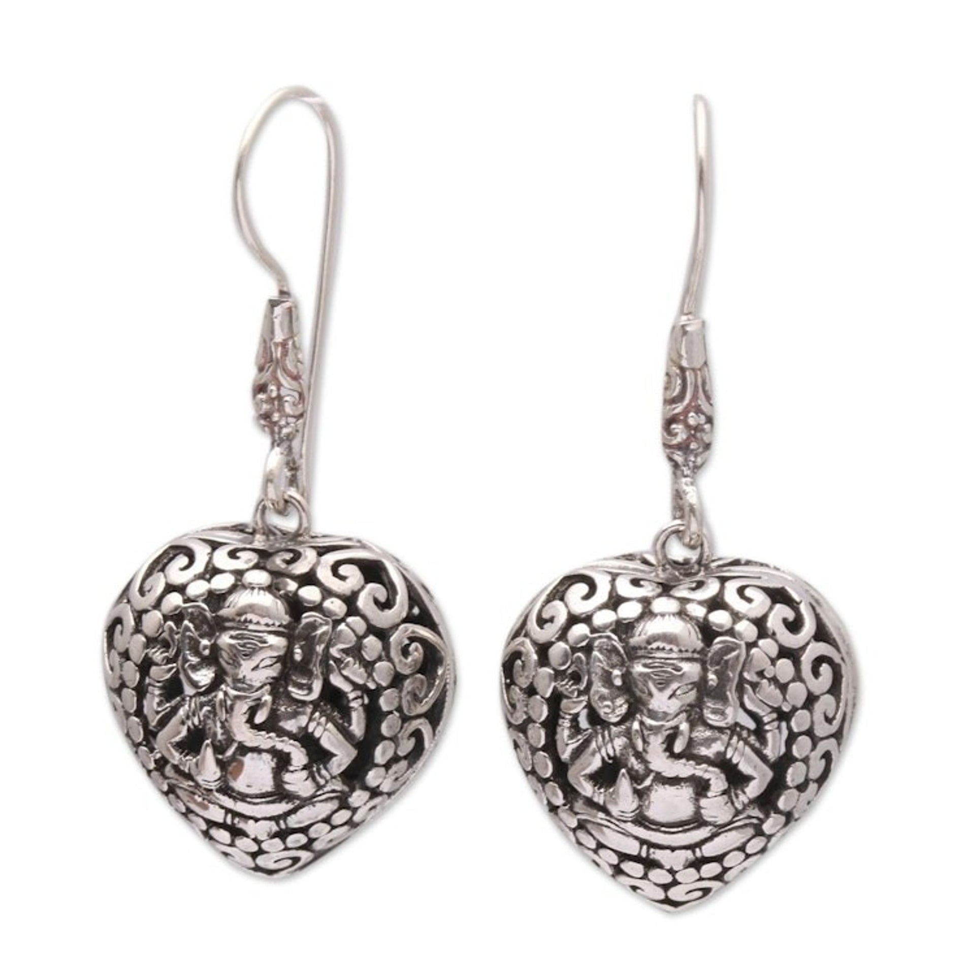 Heart-Shaped Sterling Silver Ganesha Dangle Earrings 'Heart of Ganesha'