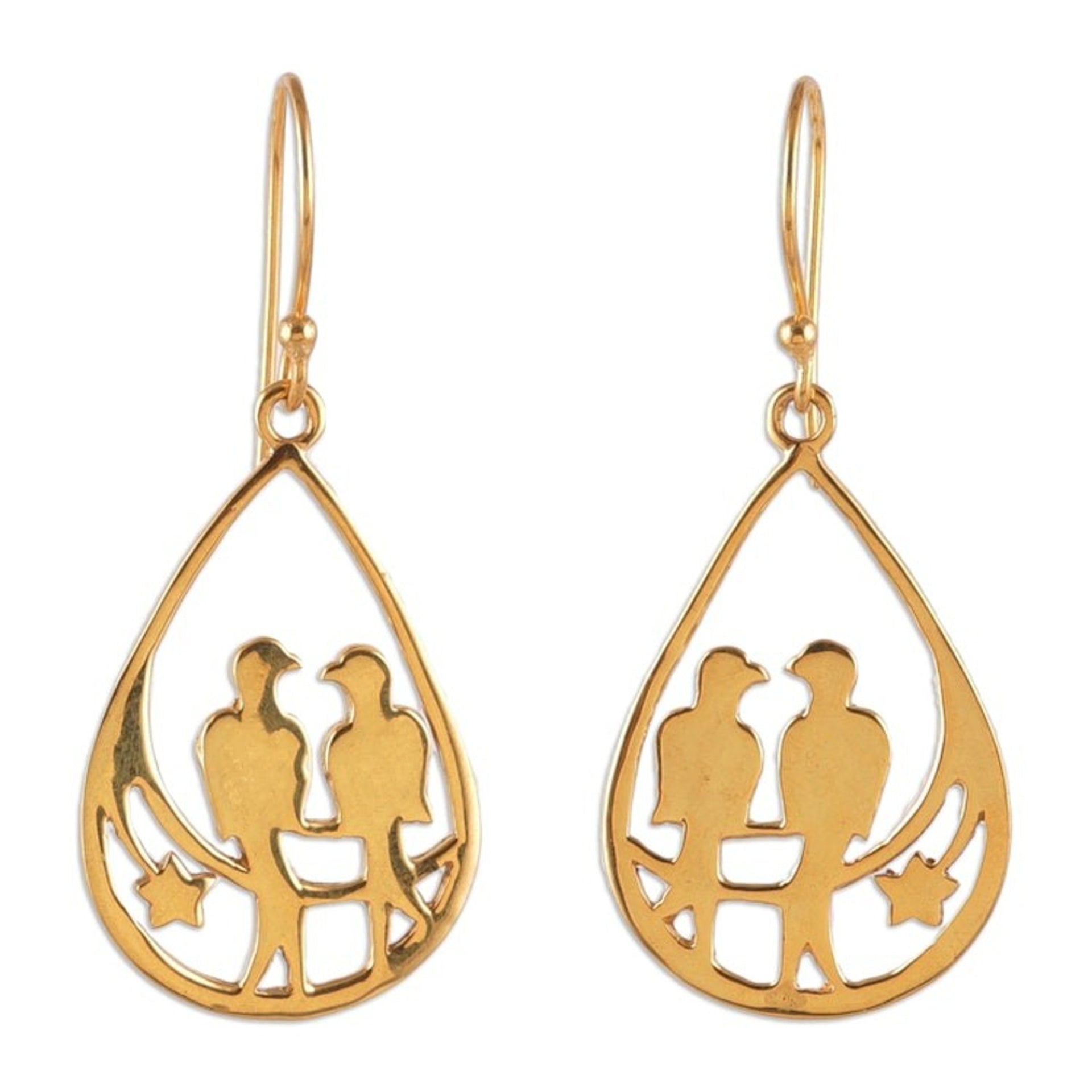 Romantic Drop-Shaped Love Birds Brass Dangle Earrings 'Shadow of Love'