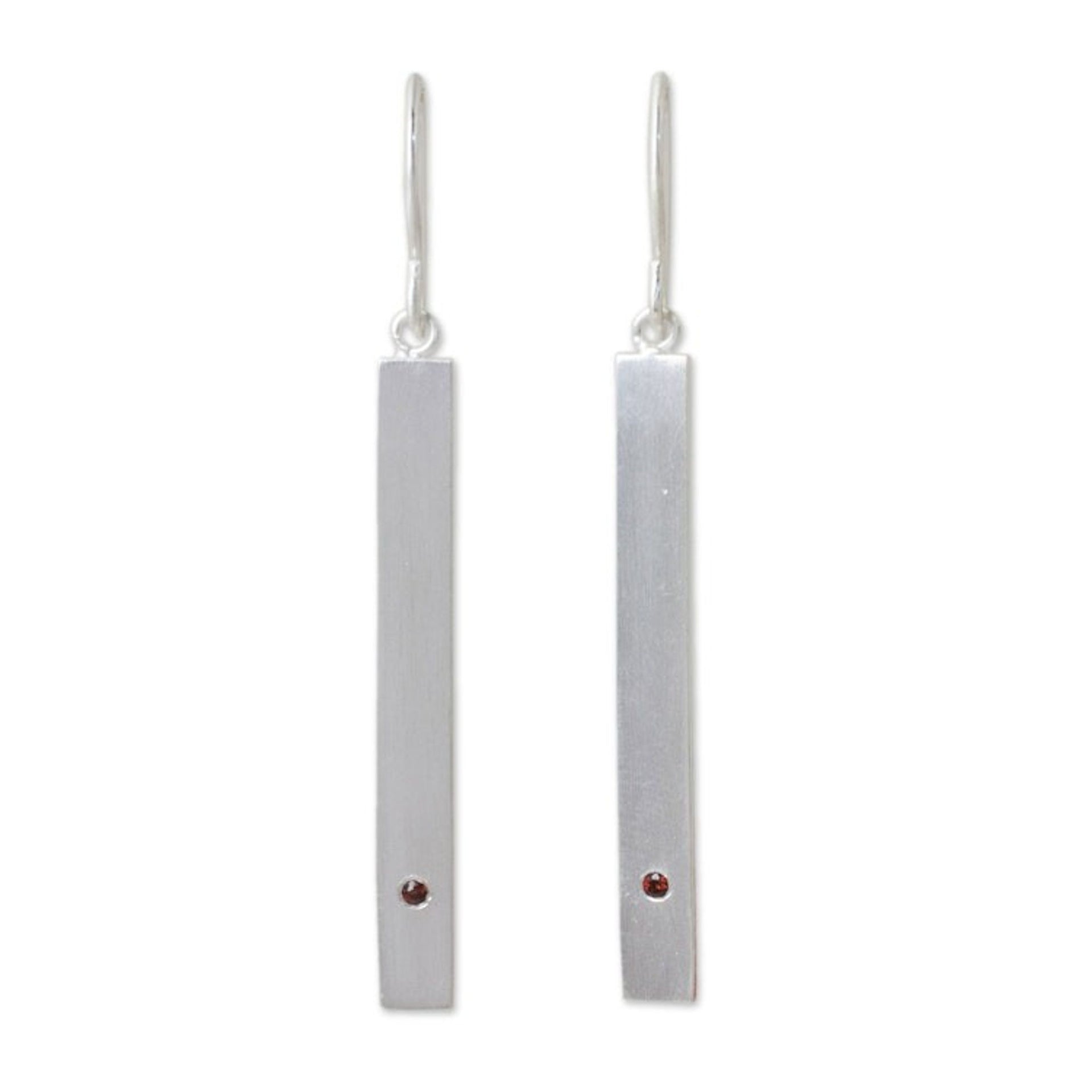 Contemporary Brushed Silver Earrings with Genuine Garnets 'Simple Devotion'