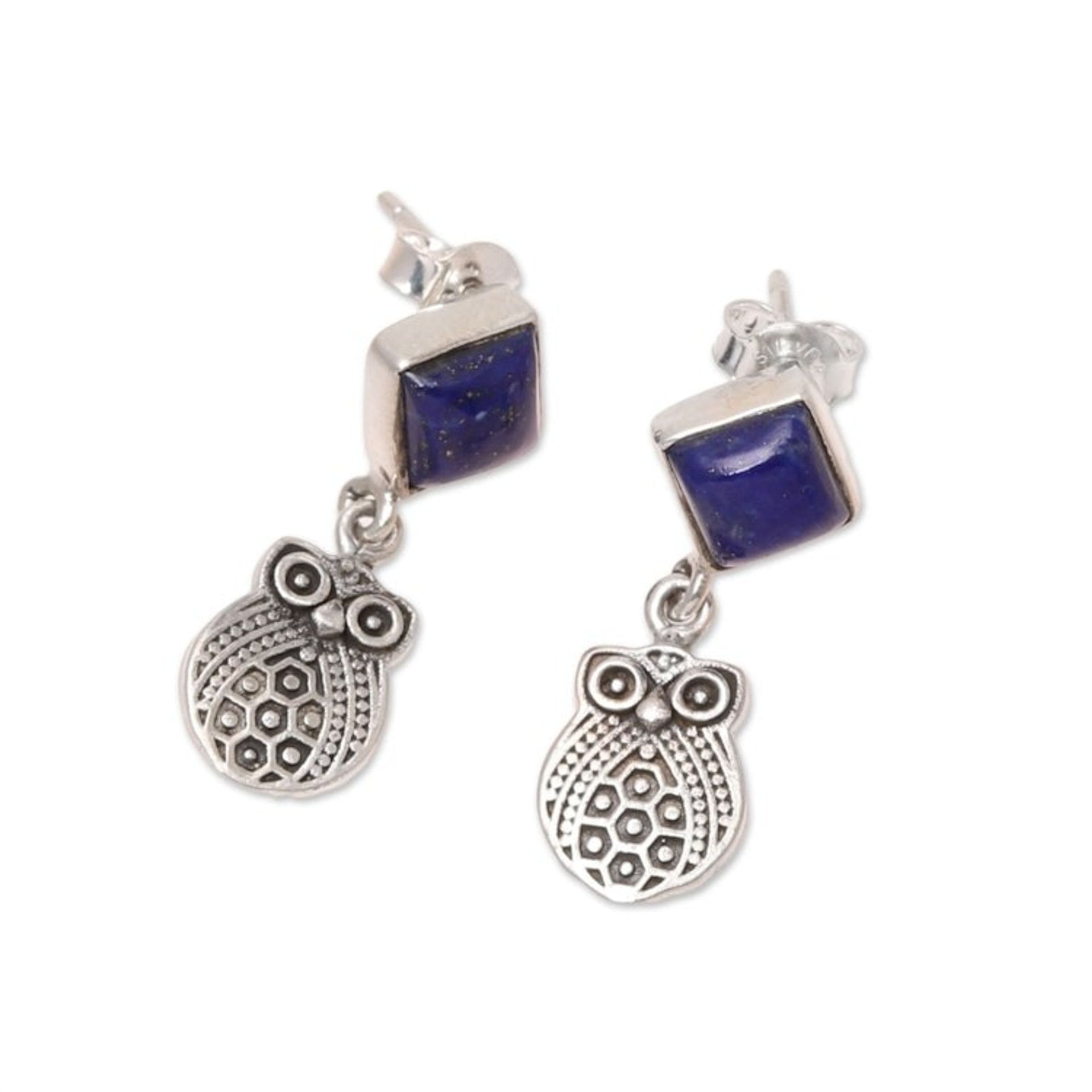 Lapis Lazuli Owl Dangle Earrings from India 'Royal Owls'