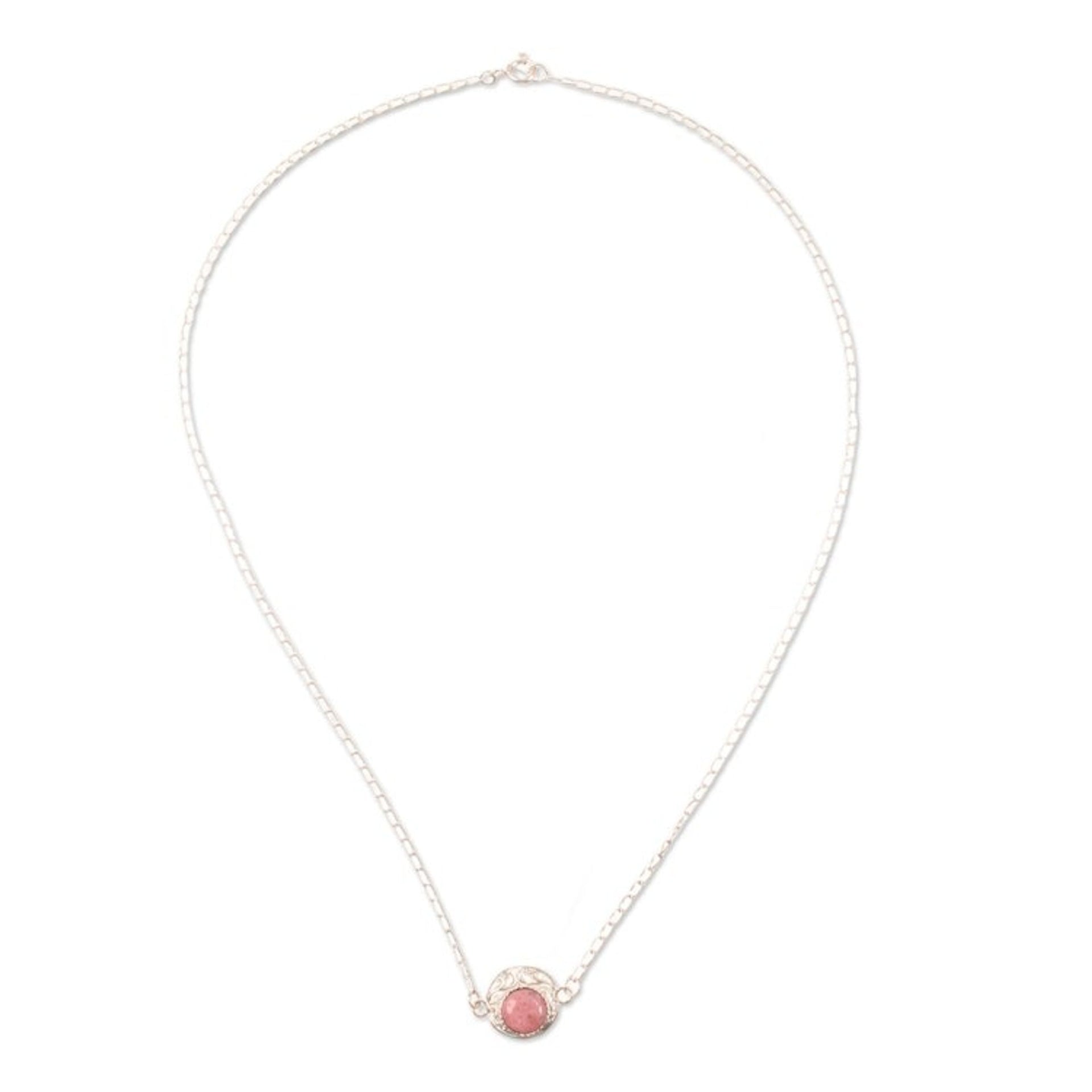 Polished Sterling Silver and Rhodonite Pendant Necklace 'Rose Serenity'