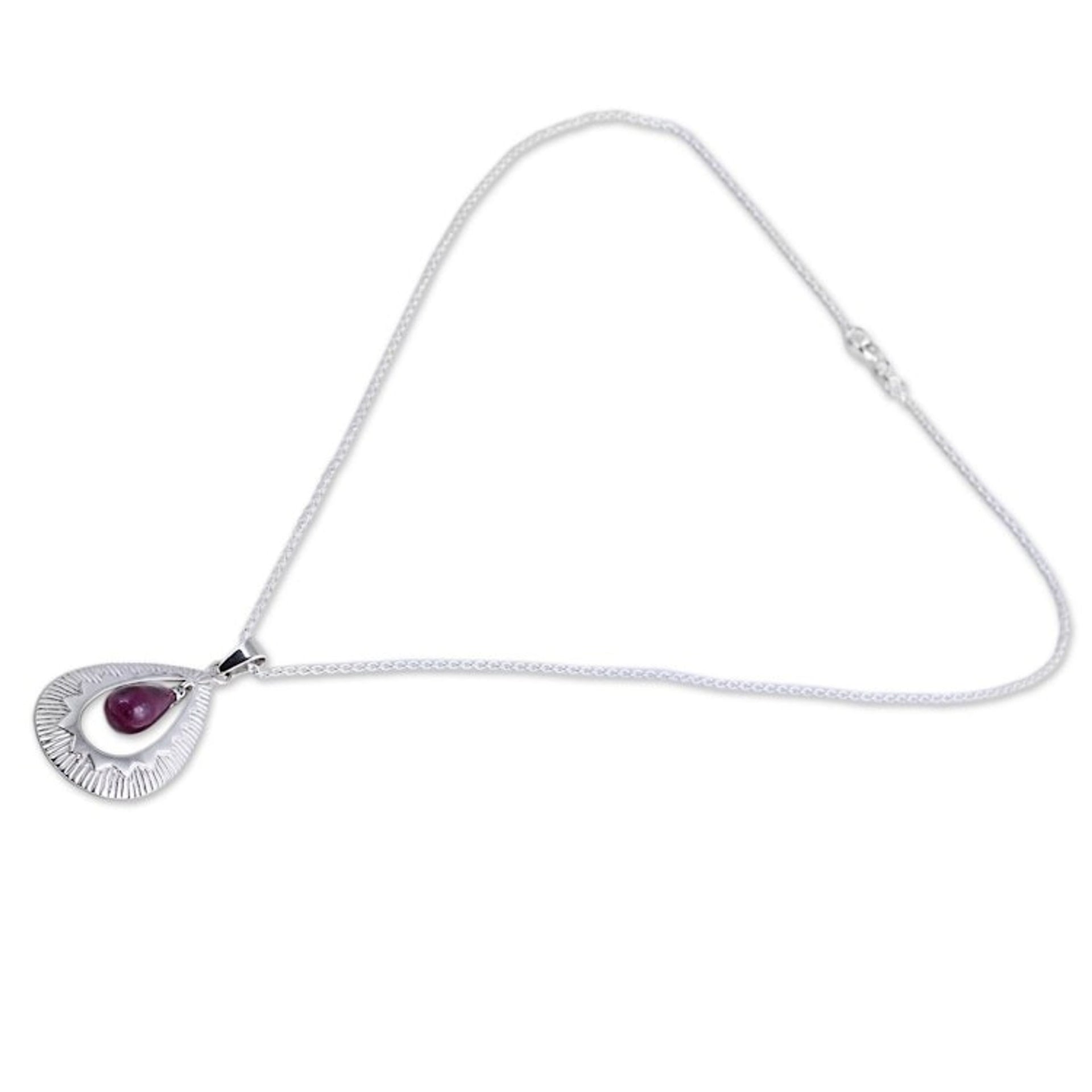 Handcrafted Silver Ruby Pendant Chain Necklace from India 'Ruby Grandeur'