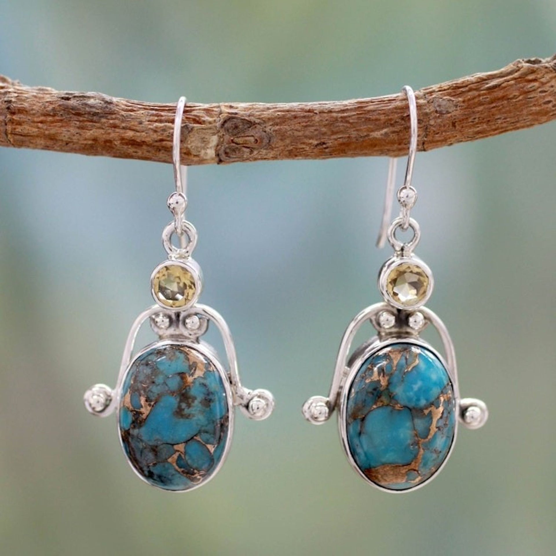 Citrine and Comp Turquoise Earrings Modern Silver Jewelry 'Living Goddess'