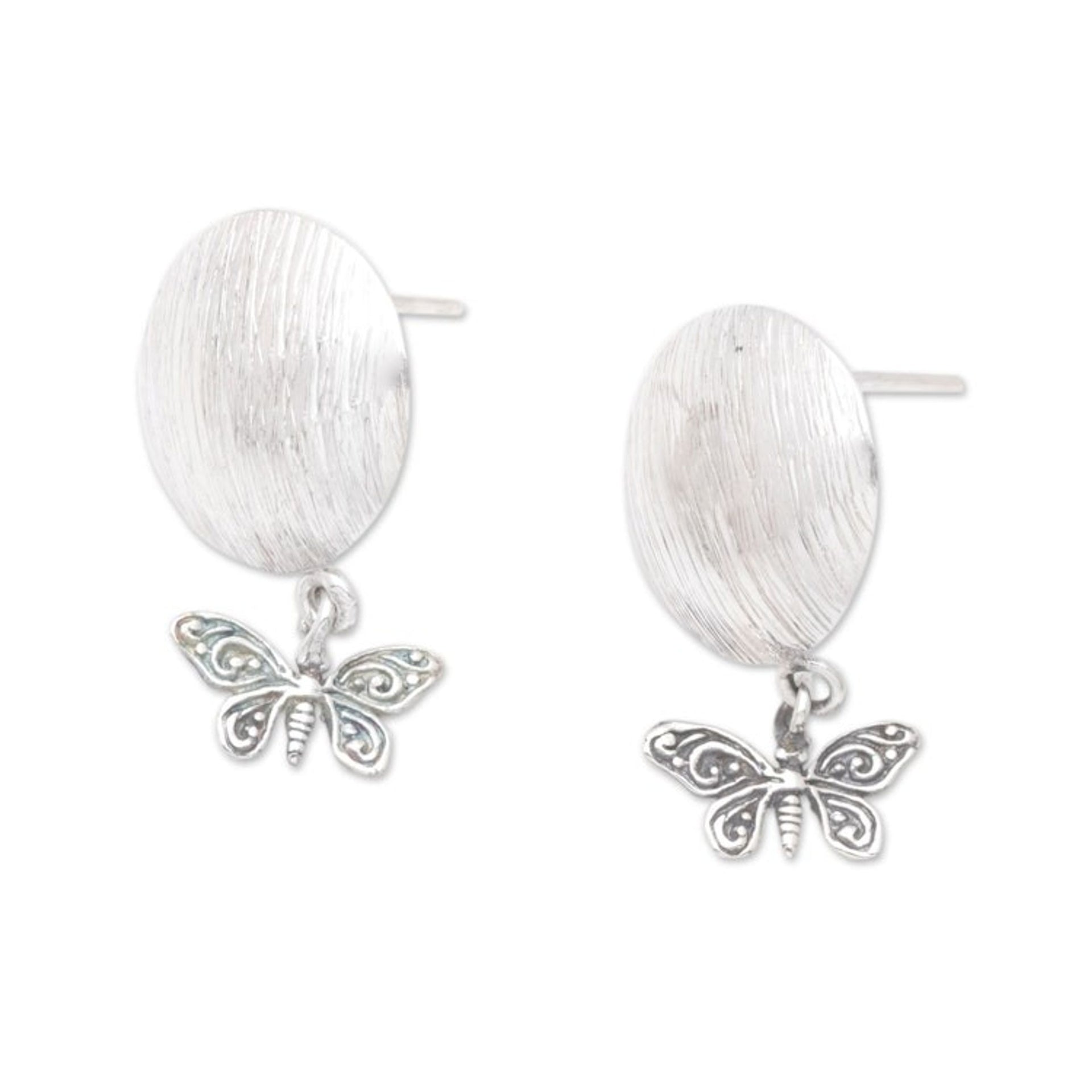 Sterling Silver Round Dangle Earrings with Butterflies 'Shield of Hope'