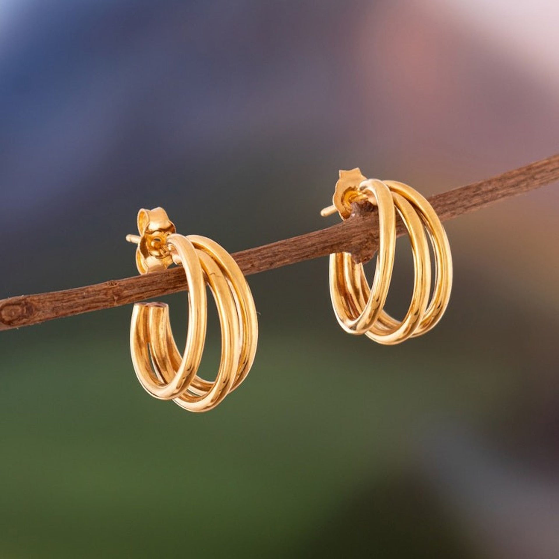 18k Gold-Plated Three-Strand Polished Half-Hoop Earrings 'Radiant Trendy Triad'