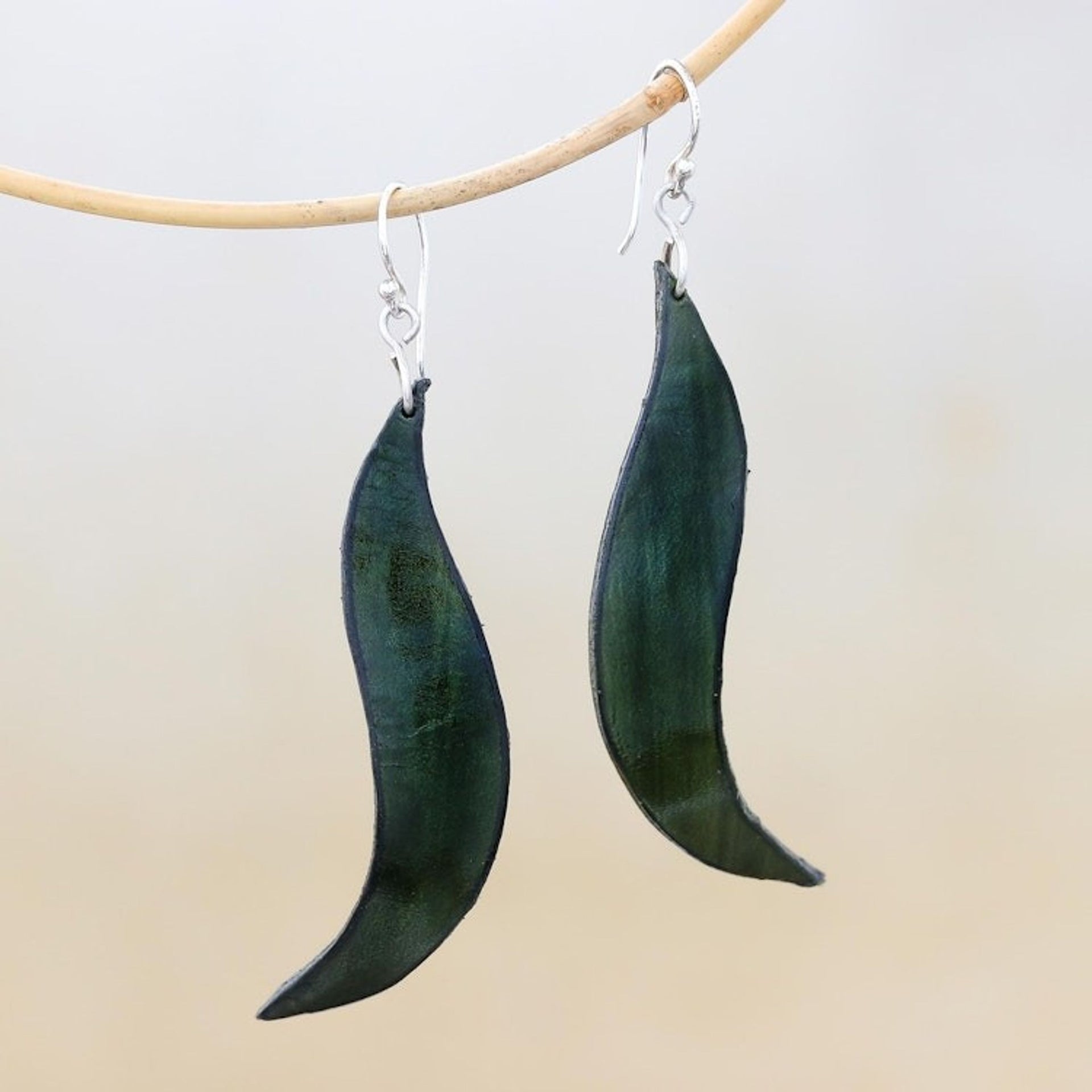 Wavy Leather Dangle Earrings in Green from Thailand 'Lithe Leaves in Green'
