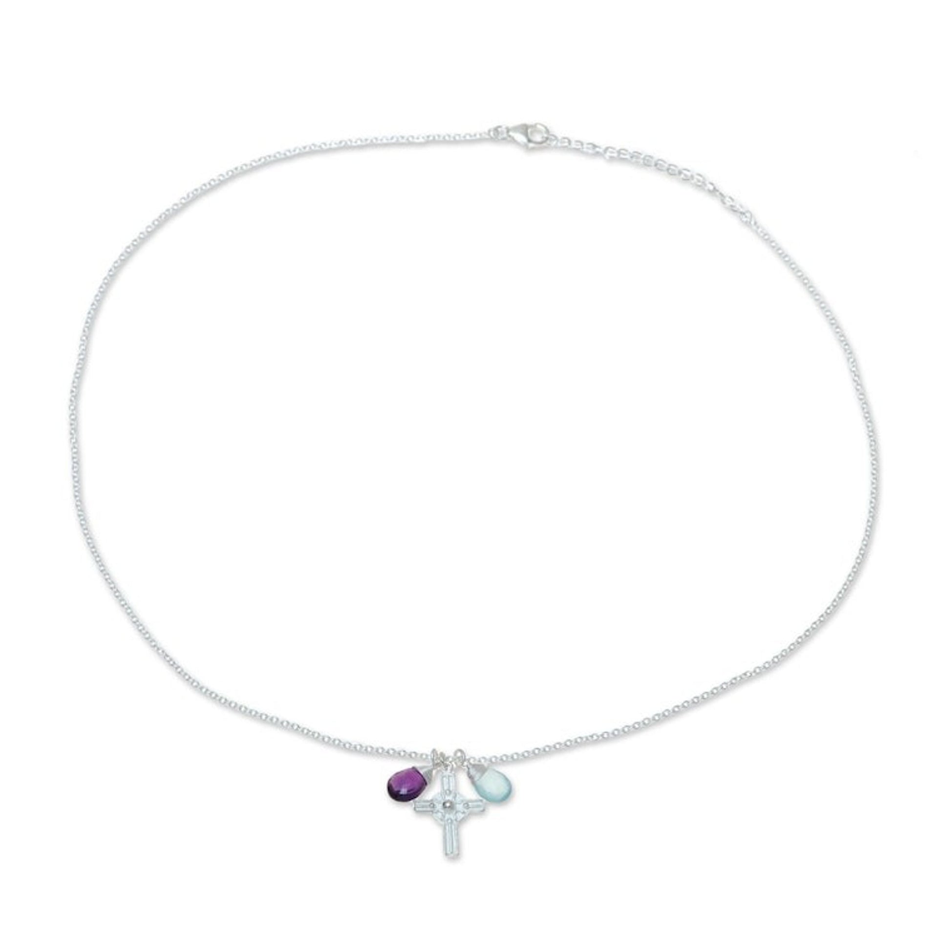 Amethyst and Chalcedony Cross Pendant Necklace from India 'Christian Elation'