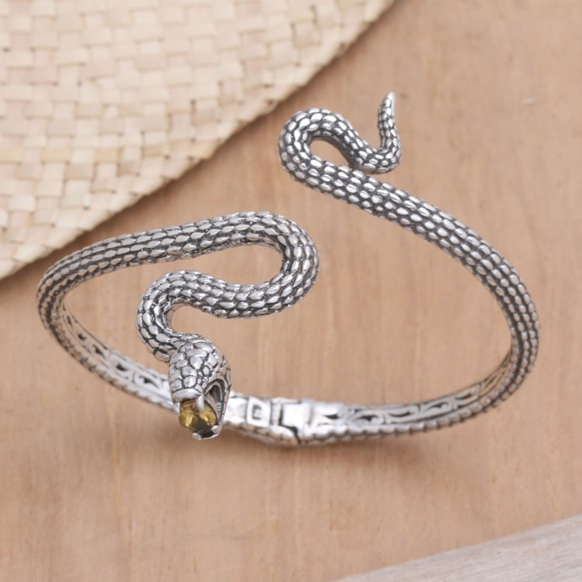 Sterling Silver Snake Cuff Bracelet with Faceted Citrine 'Snake Gem'