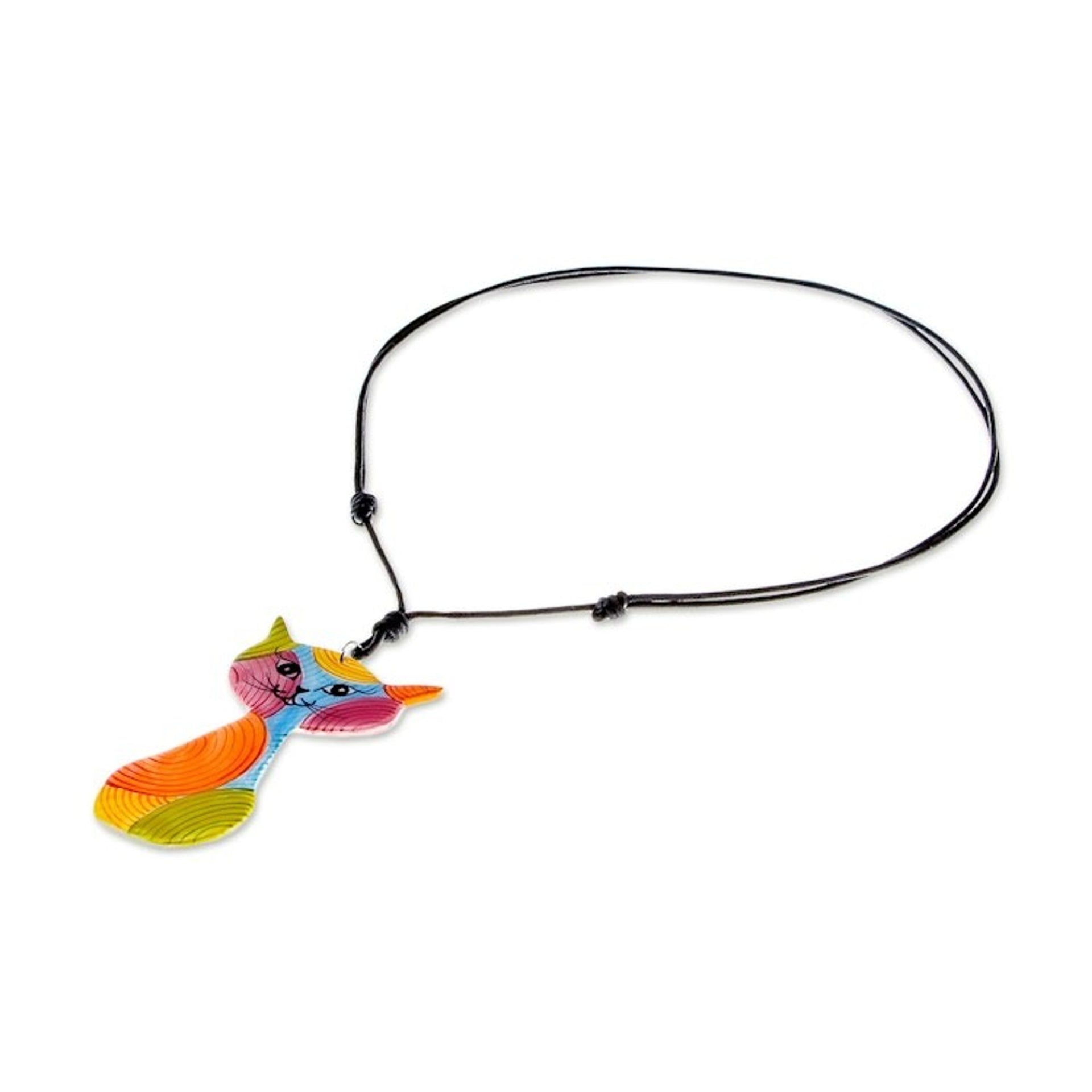 Colorful Ceramic Cat Pendant Necklace from Thailand 'Rainbow Cat'