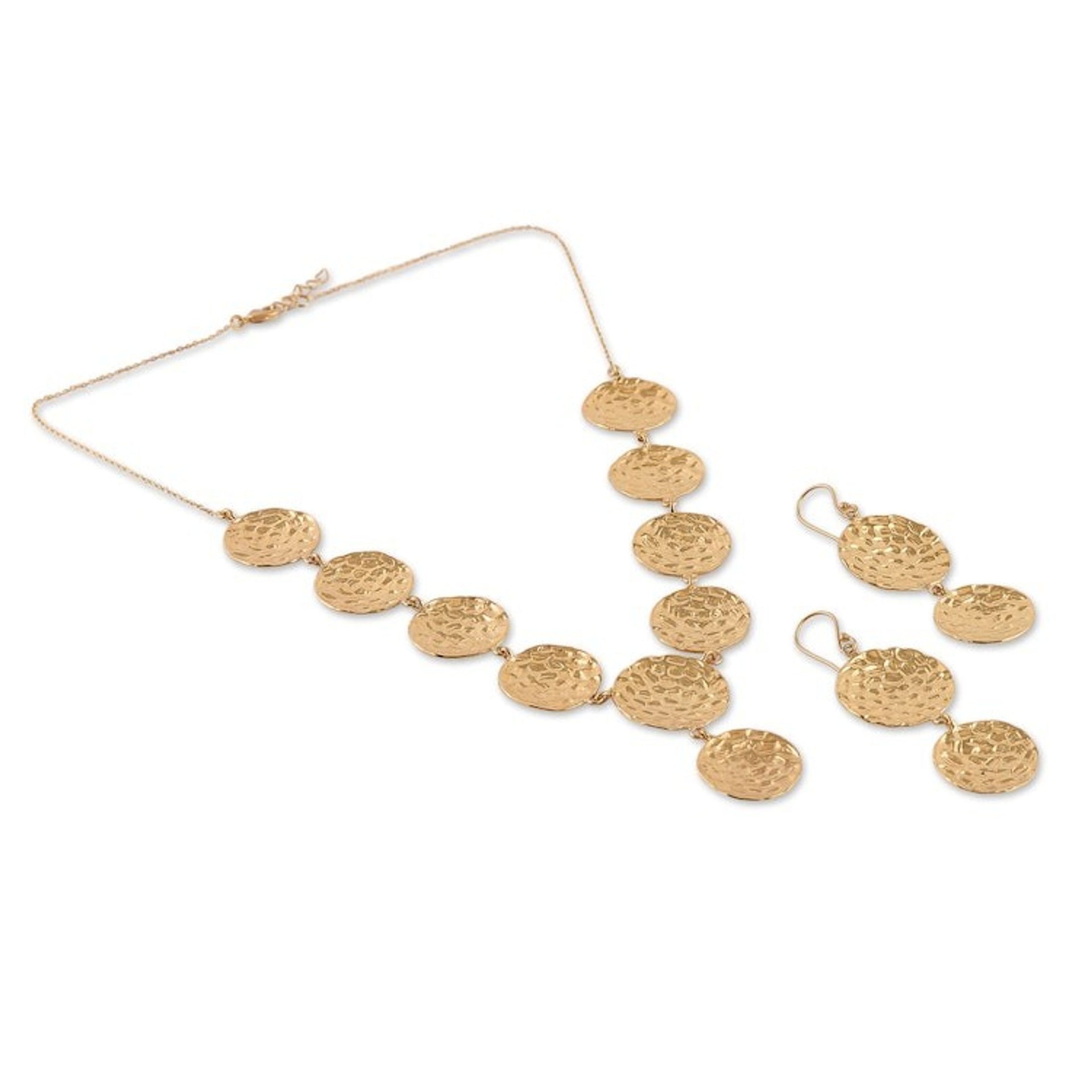 Hammered Brass Charm Necklace Dangle Earrings Jewelry Set 'Cosmic Cascade'