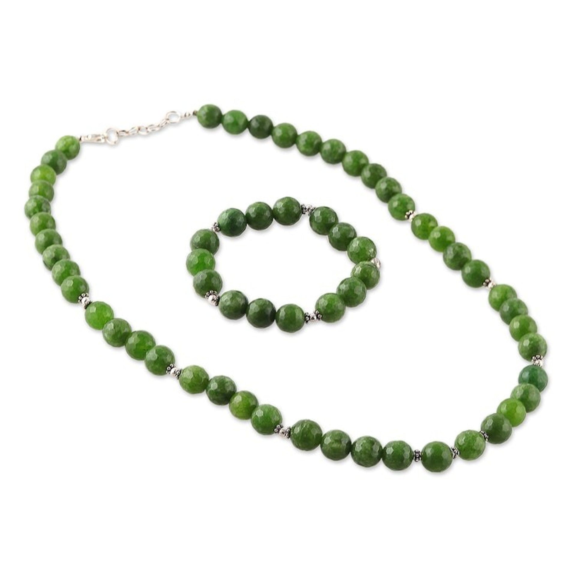 Green Agate Beaded Necklace and Bracelet Jewelry Set 'Beads of Luck'