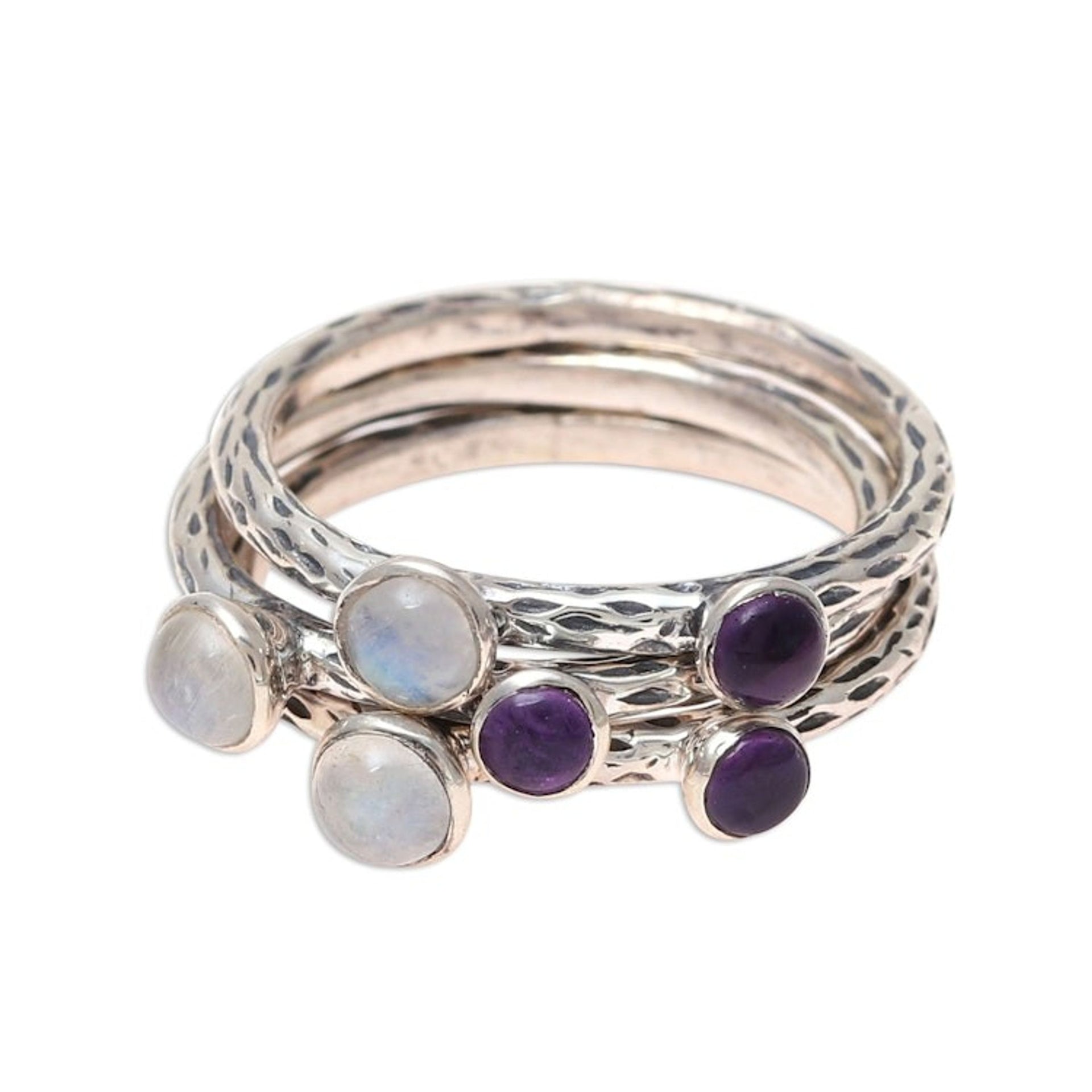 Three Rainbow Moonstone and Amethyst Stacking Rings 'Mystic Union'