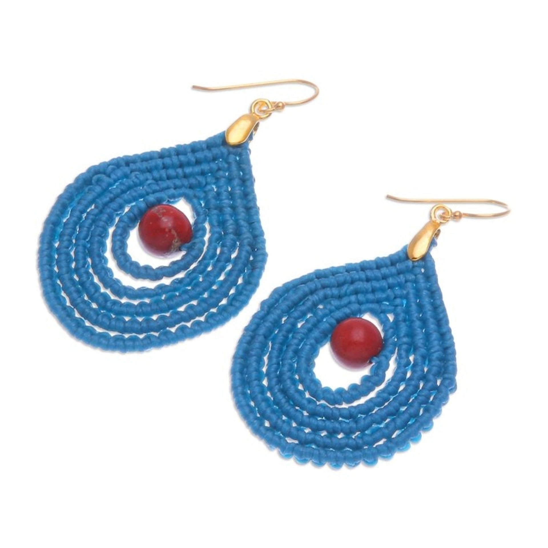 Jasper and Blue Macrame Dangle Earrings with Gold Hooks 'Water is Life'