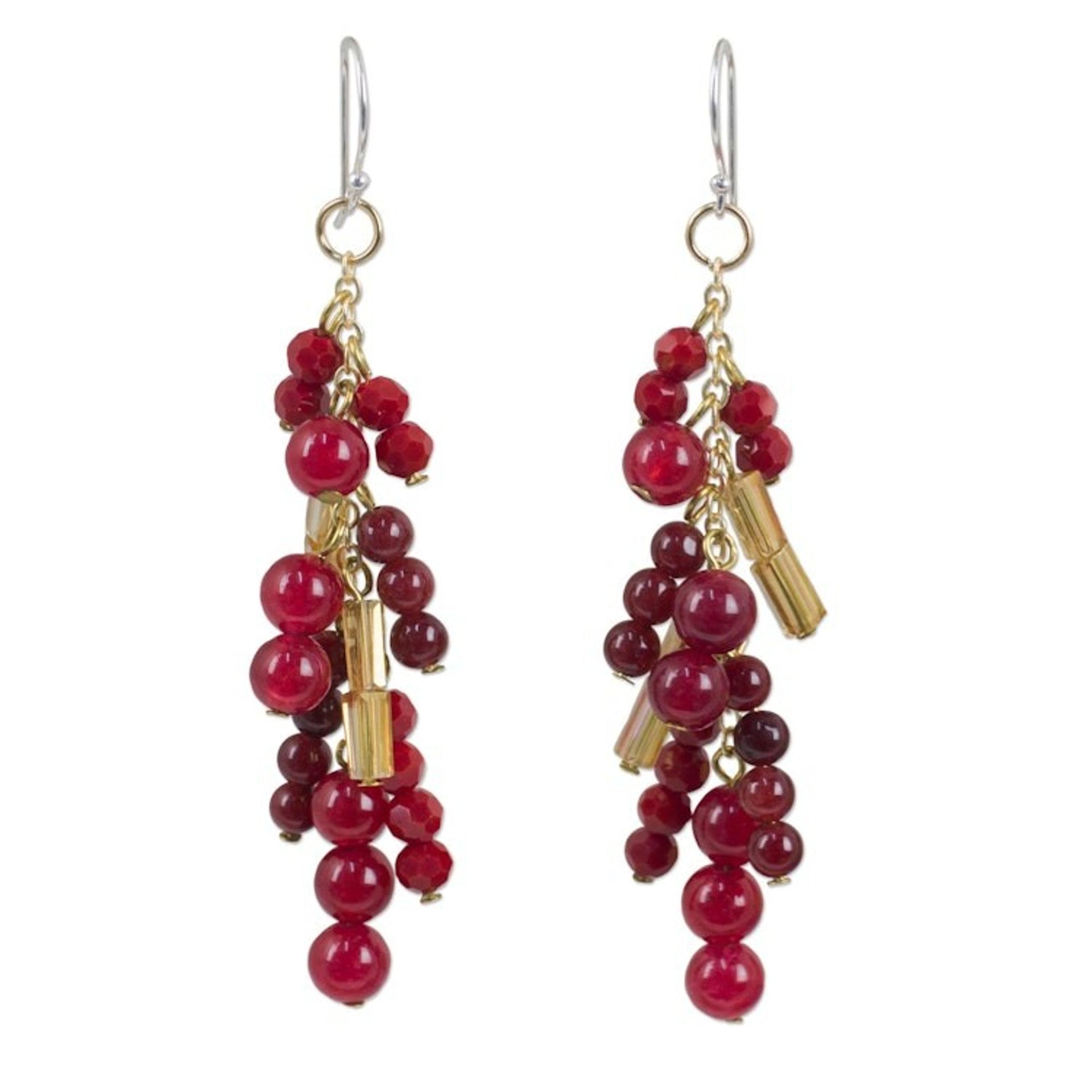 Beaded Red Quartz Earrings on 24k Gold Plated Chains 'Brilliant Cascade'