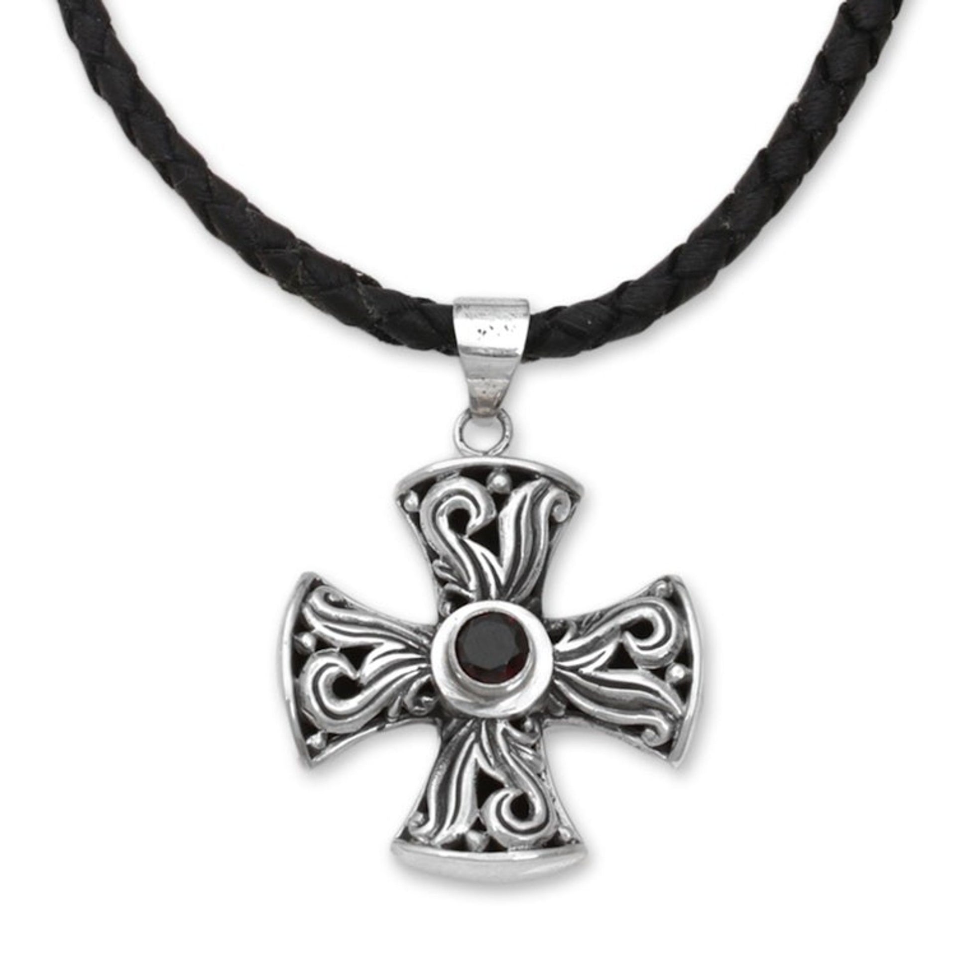 Men's Sterling Silver and Garnet Cross Necklace 'Fire of Faith'