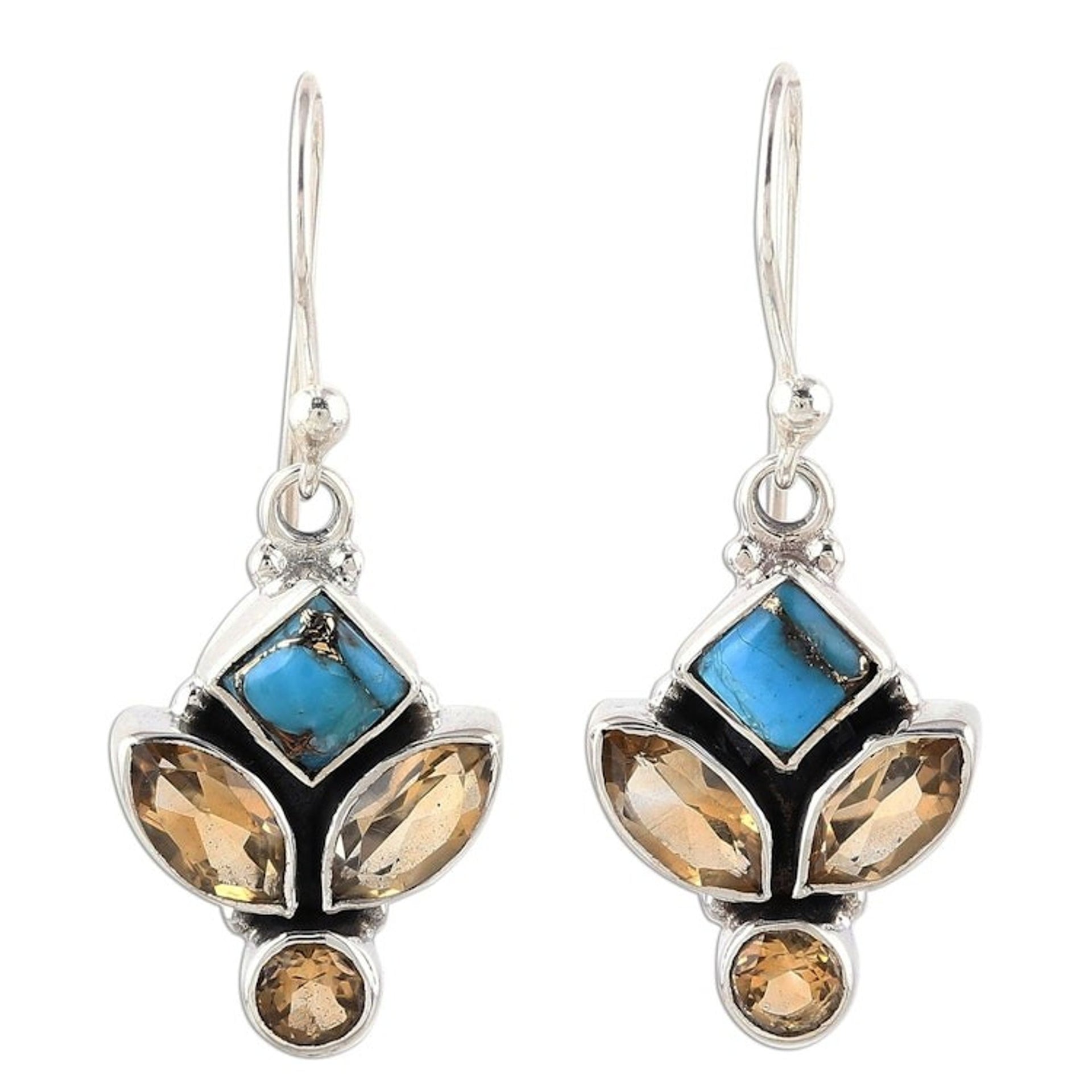 Citrine and Composite Turquoise Dangle Earrings from India 'Sparkling Unity'