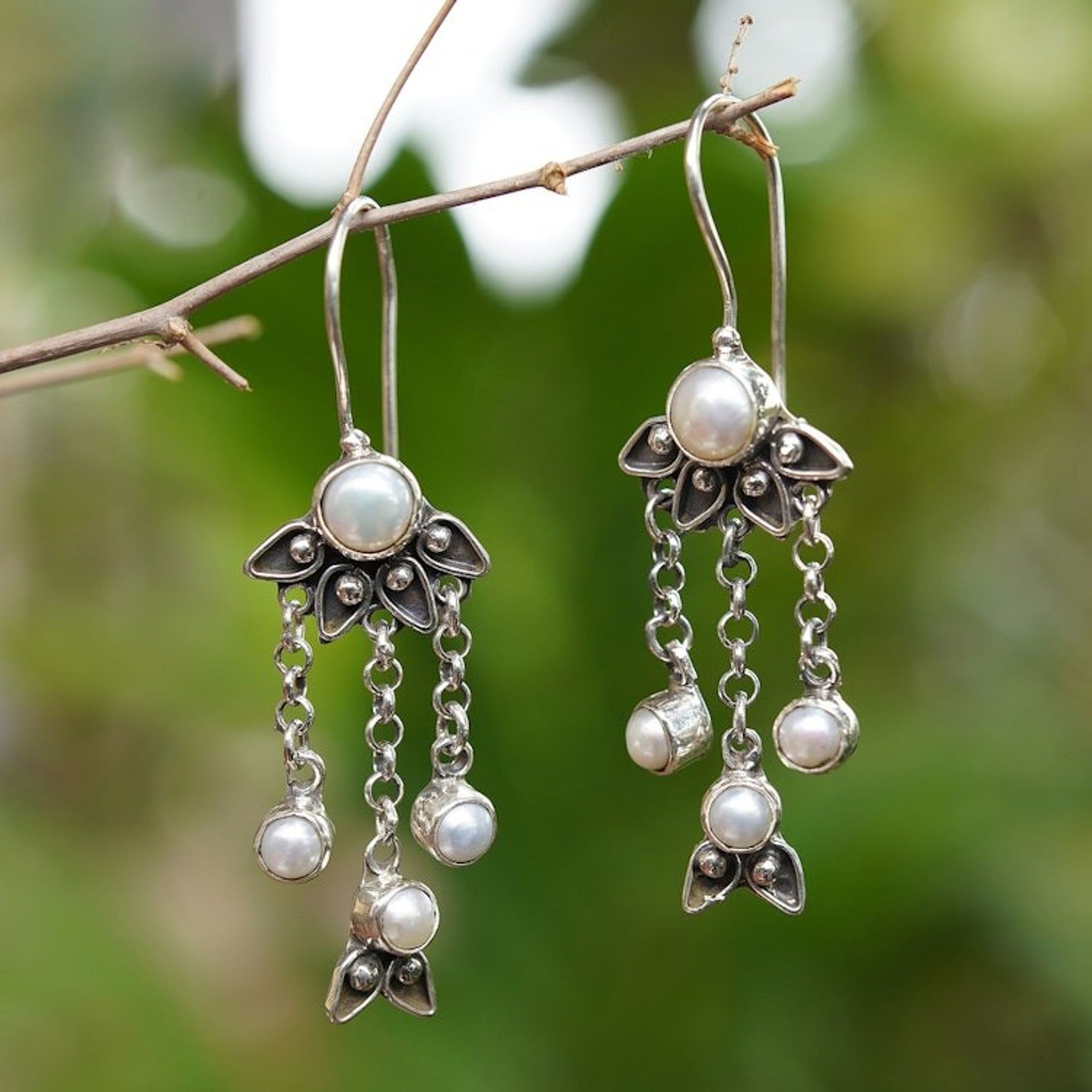 Sterling Silver Pearl Chandelier Earrings 'Moonlight Lotus'
