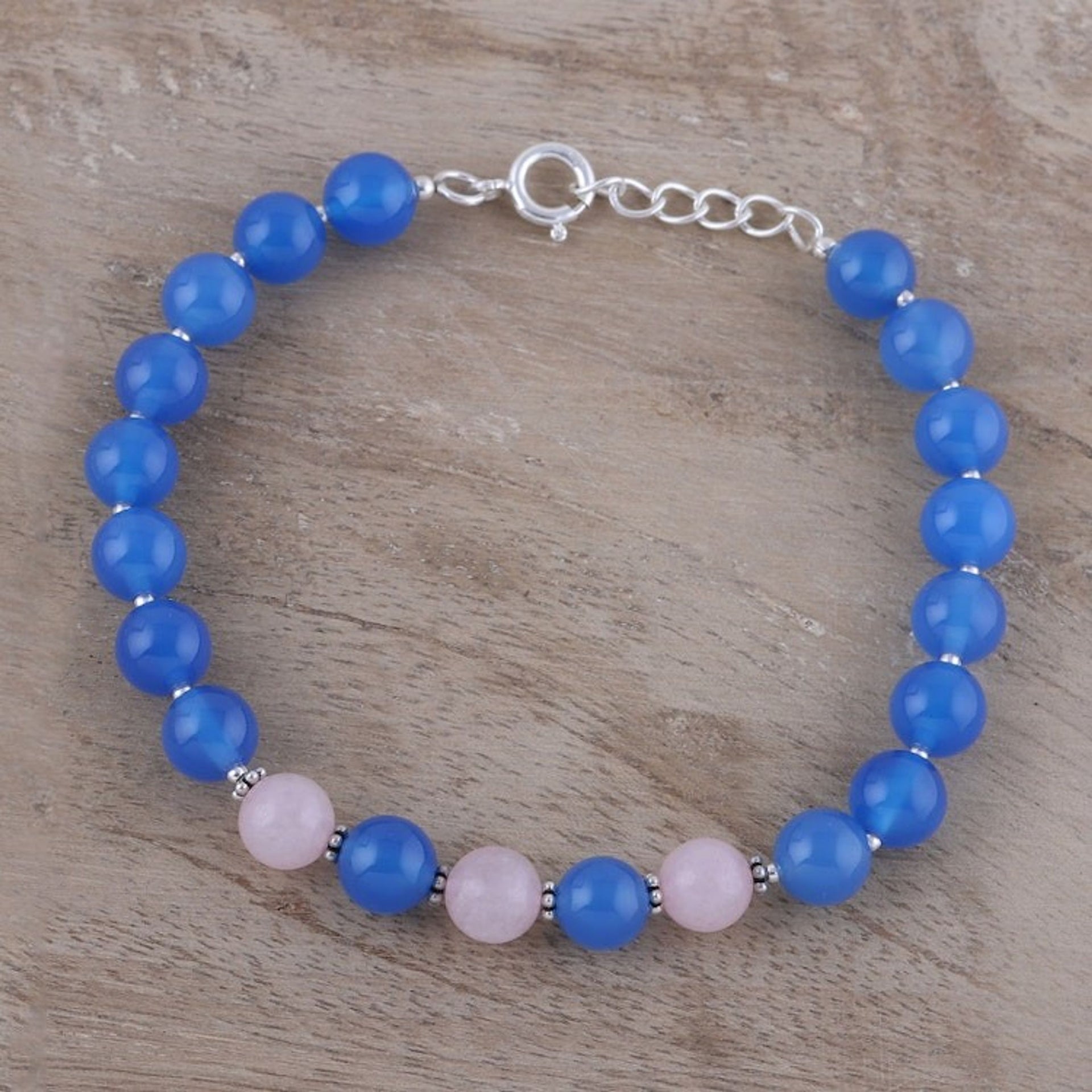 Rose Quartz and Chalcedony Beaded Bracelet 'Elegant Harmony'