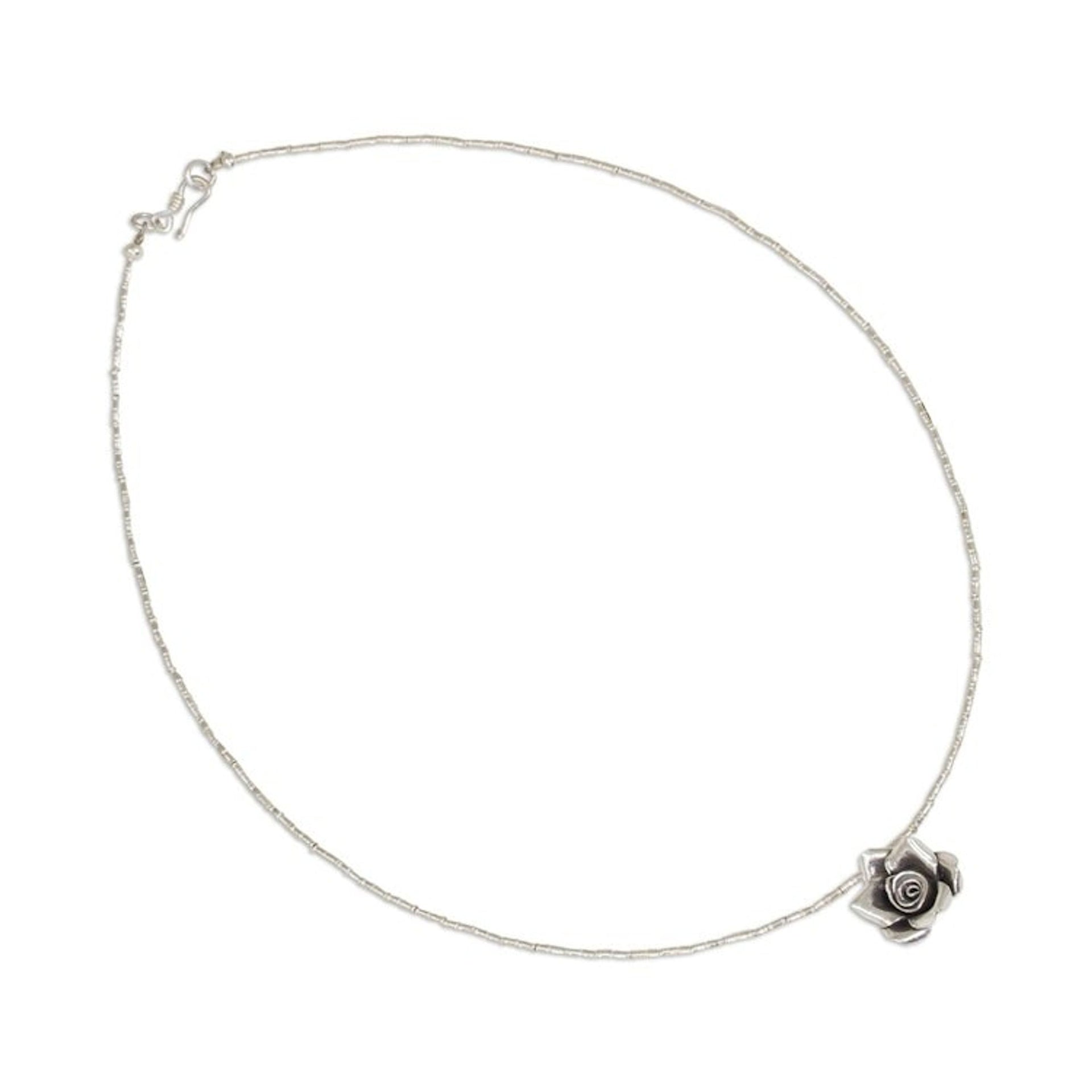 Hand Crafted Silver Necklace with Rose Pendant from Thailand 'Luminous Rose'