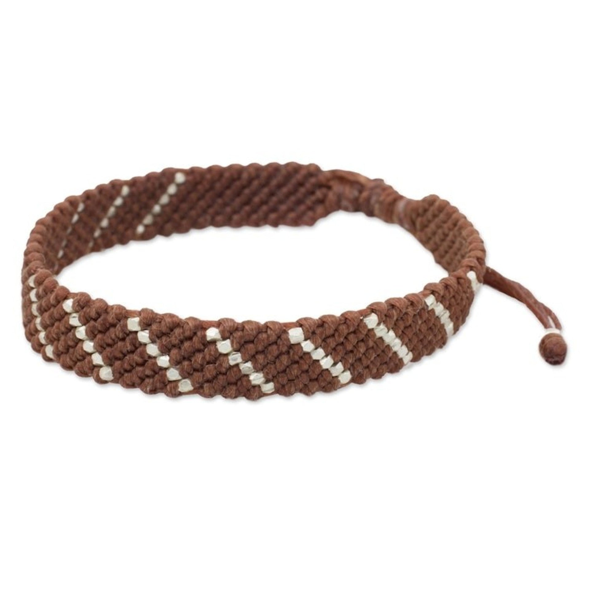 Hill Tribe Silver Modern Brown Macrame Bracelet 'Cinnamon Spin'