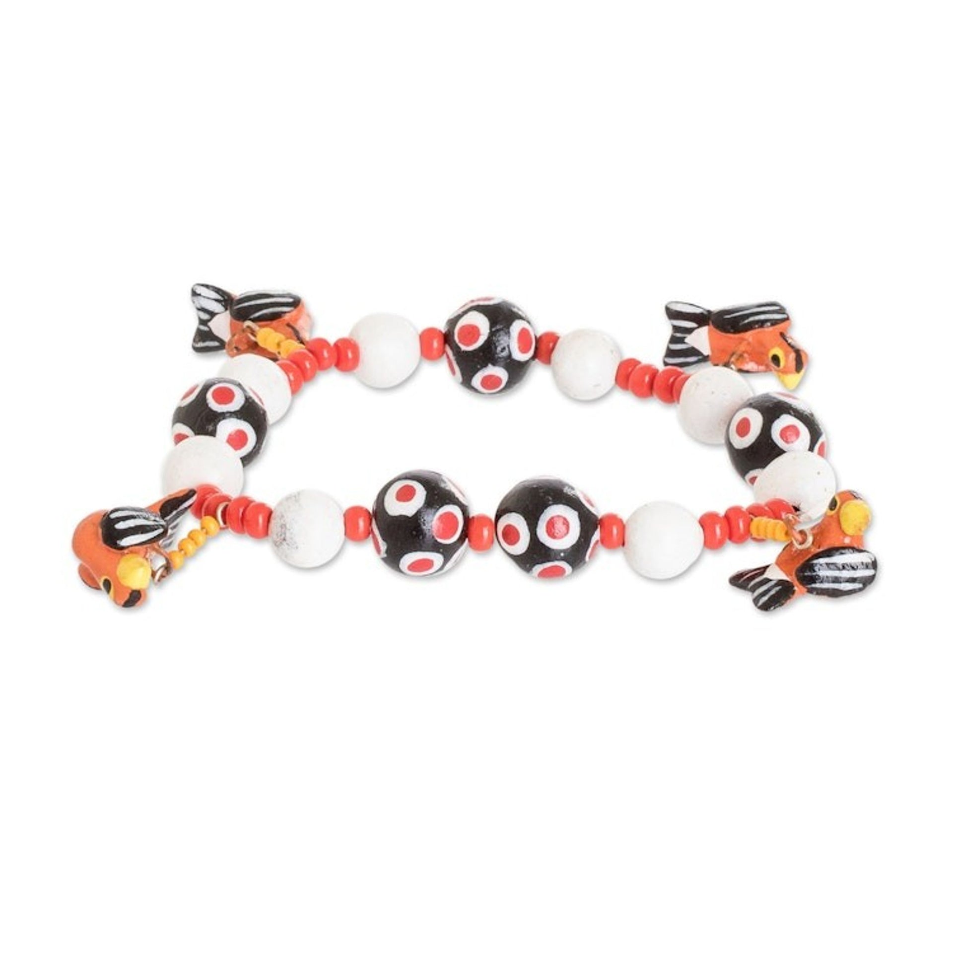 Ceramic and Glass Beaded Stretch Bracelet with Bird Charms 'Chalk-Browed Mockingbird'