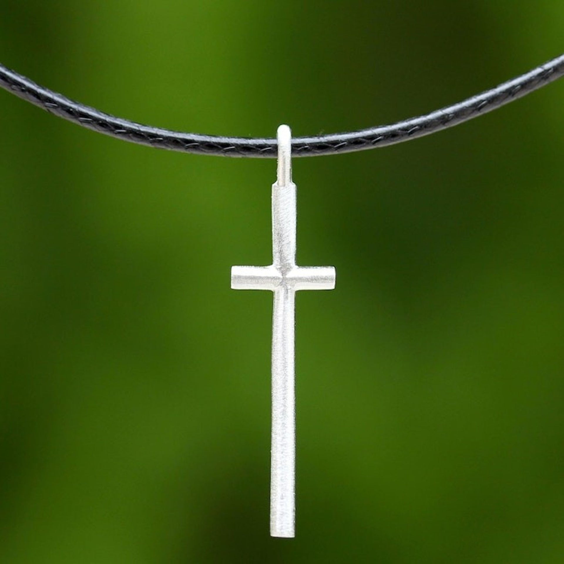 925 Sterling Silver Cross on Black Braided Cord Necklace 'Exquisite Cross'